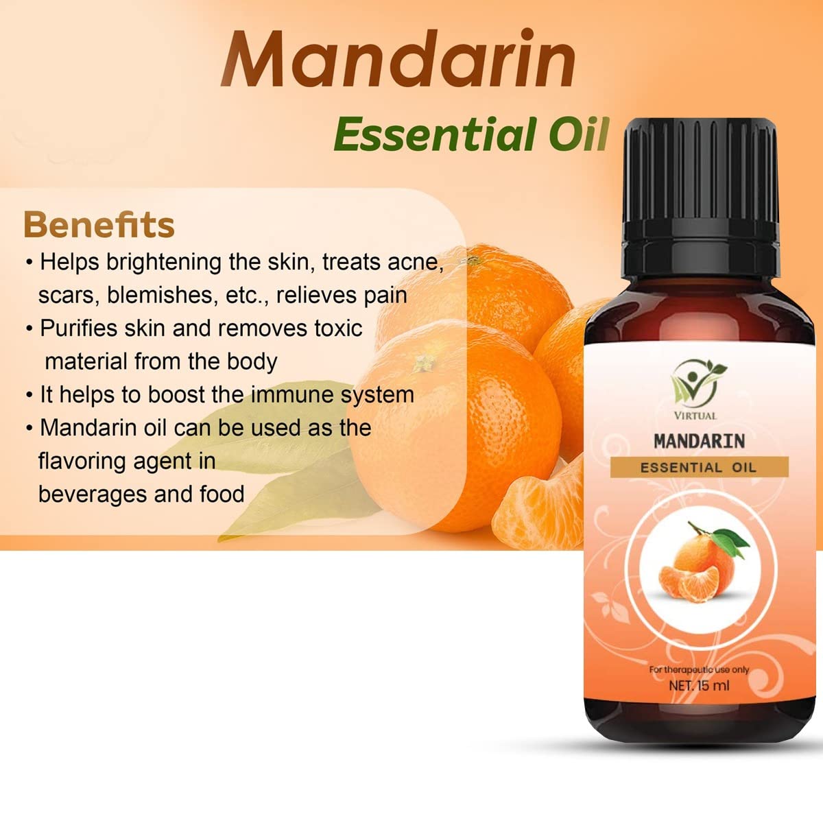 100% Pure Therapeutic Grade Mandarin Essential Oil - 15ml for Hair Growth, Skin Care & Acne Treatment | Aromatherapy, Massage & DIY Beauty Recipes