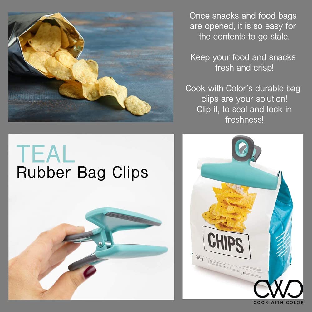 Premium Heavy Duty Food Storage Clips - 4 Pack Wide Chip Clips with Airtight Seal for Snack Bags, Bread, Chips & More | Teal Kitchen Organization Essentials