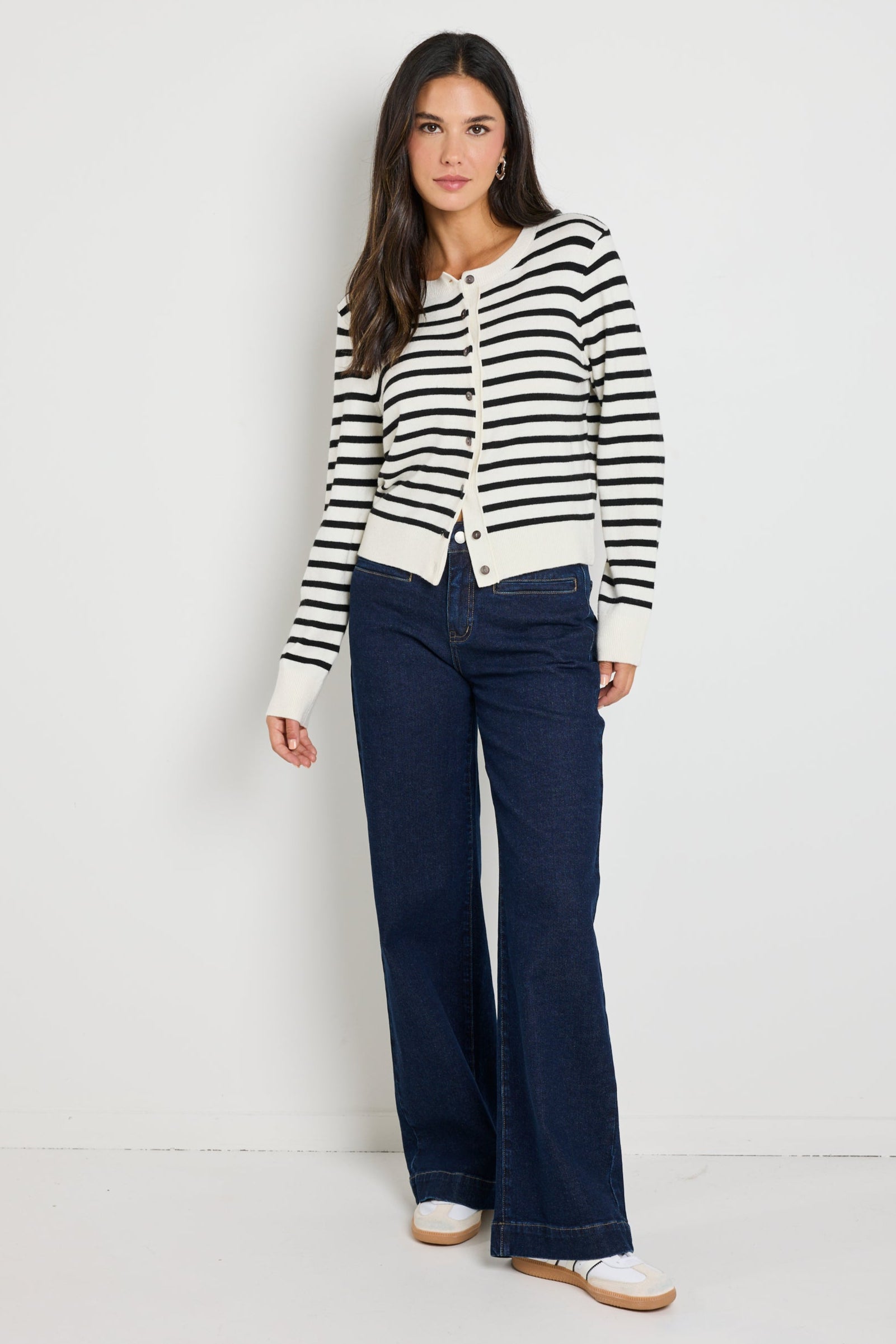 Luxury Black Stripe Cashmere Blend Crewneck Cardigan for Women - Soft & Warm Winter Sweater for Office, Date Night & Casual Outfits