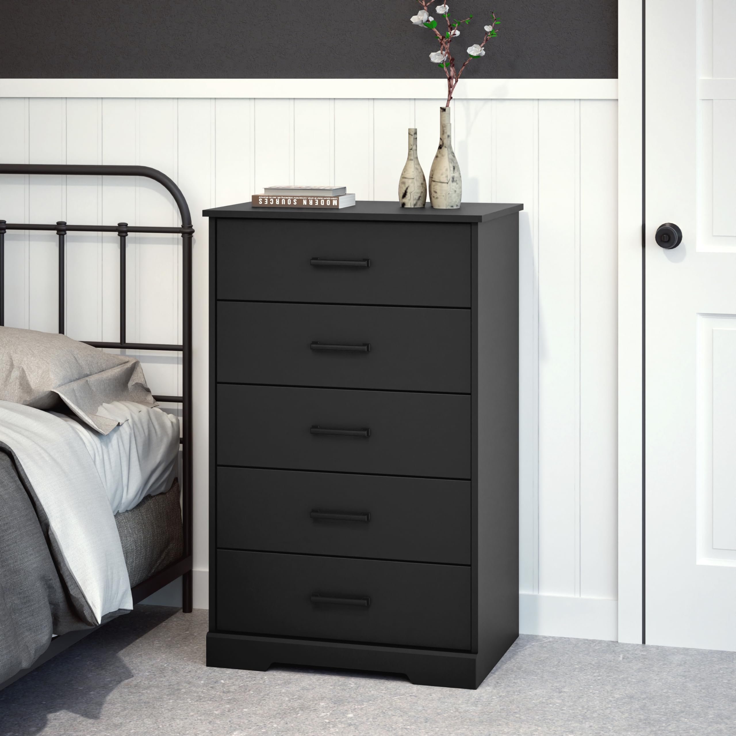 Rustic Farmhouse Dresser for Bedroom - 5-Drawer Chest of Drawers in Black, 18.5