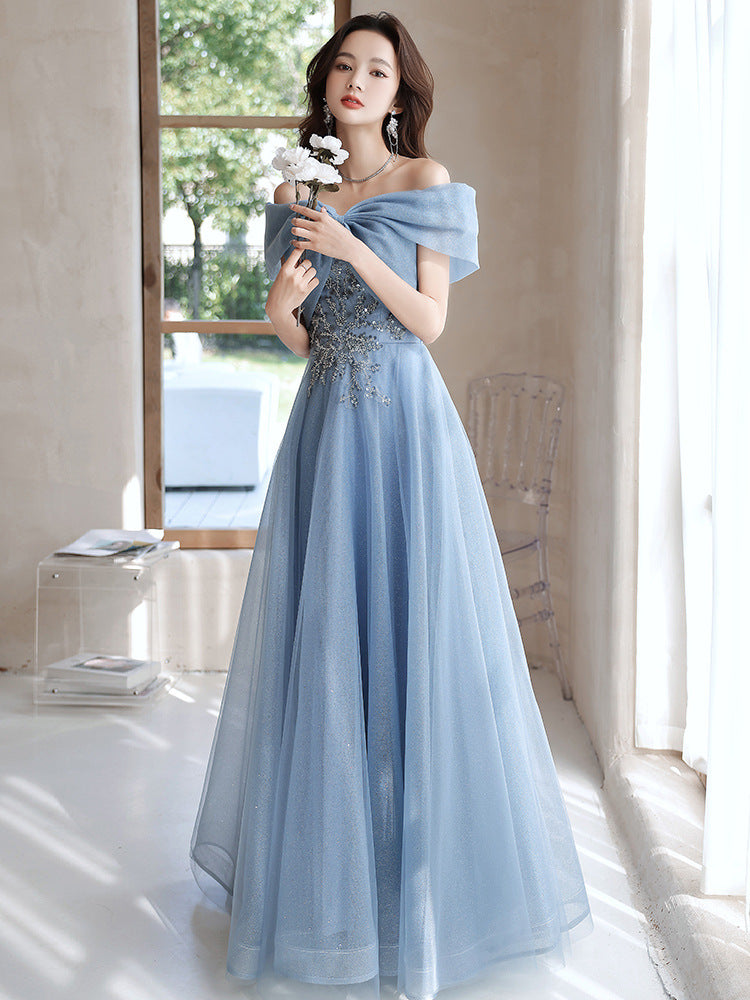 Elegant Off Shoulder Blue Formal Long Prom Dress - Evening Gown for Women Size 72 - Perfect for Homecoming, Wedding Guest & Special Occasions