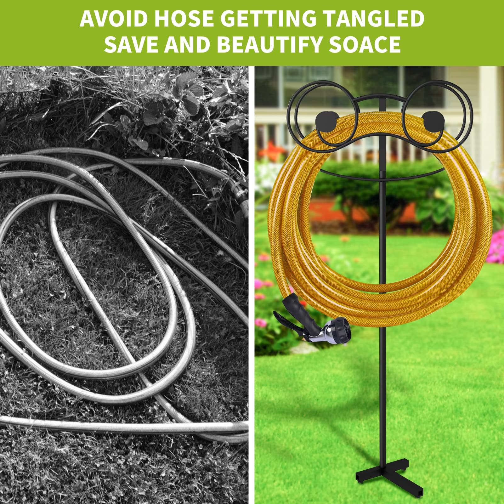 EYMPEU Metal Garden Hose Holder with Frog Design - Free Standing Outdoor Water Hose Stand for Garden Storage | Perfect for Yard, Patio, and Lawn Organization