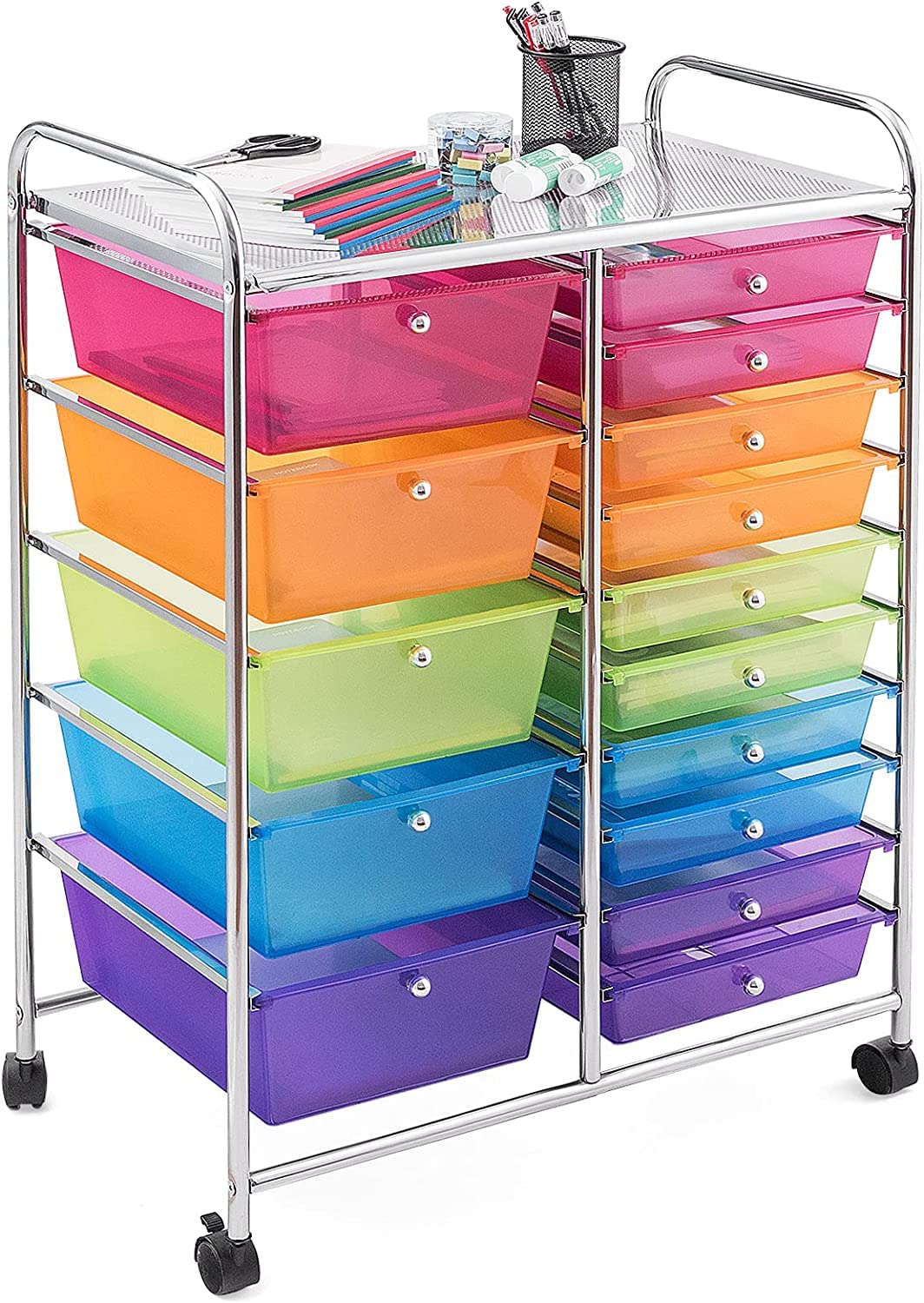 MEDIMALL 15-Drawer Rolling Storage Cart with Wheels - Multipurpose Mobile Organizer for Crafts, Tools, Scrapbook Paper - Perfect for School, Home & Office Use (Rainbow) | Great for Art Supplies, Office Organization & DIY Projects