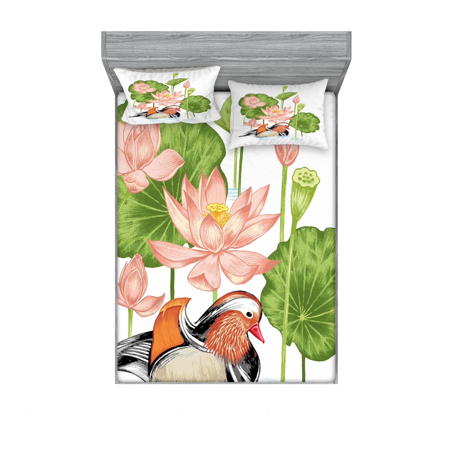 Ambesonne 2-Pack Duck King Size Fitted Sheet Set with 4 Pillow Shams - Mandarin Duck in Pond Design, White Green Pink Bedding Decor for Master Bedroom, Guest Room & Nursery (4-Piece Set)