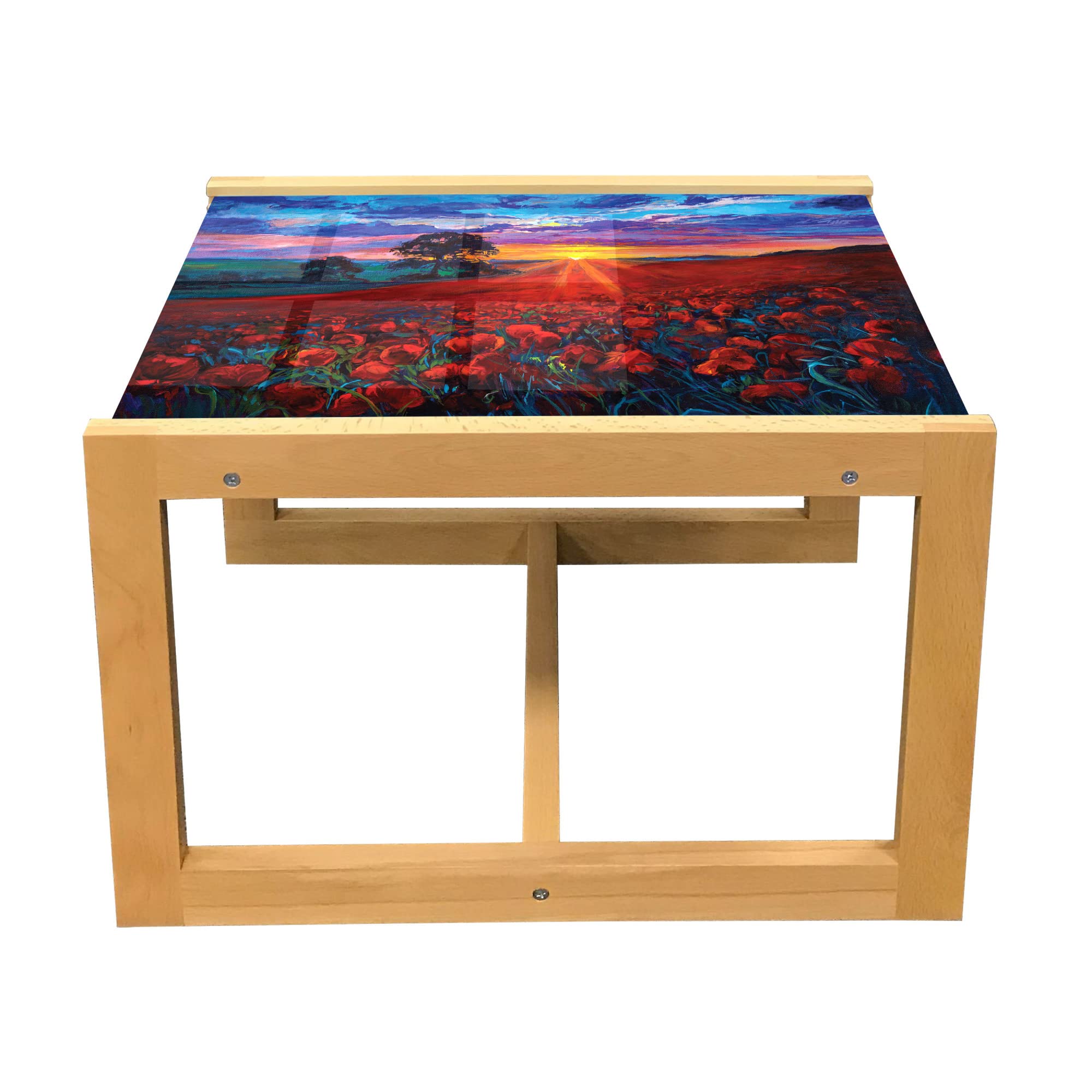 Ambesonne Country Coffee Table - Sunset Clouds & Poppy Flower Garden Design, Acrylic Glass Top with Wooden Frame, Small Size in Ruby Blue - Perfect for Living Rooms, Offices & Dorm Decor