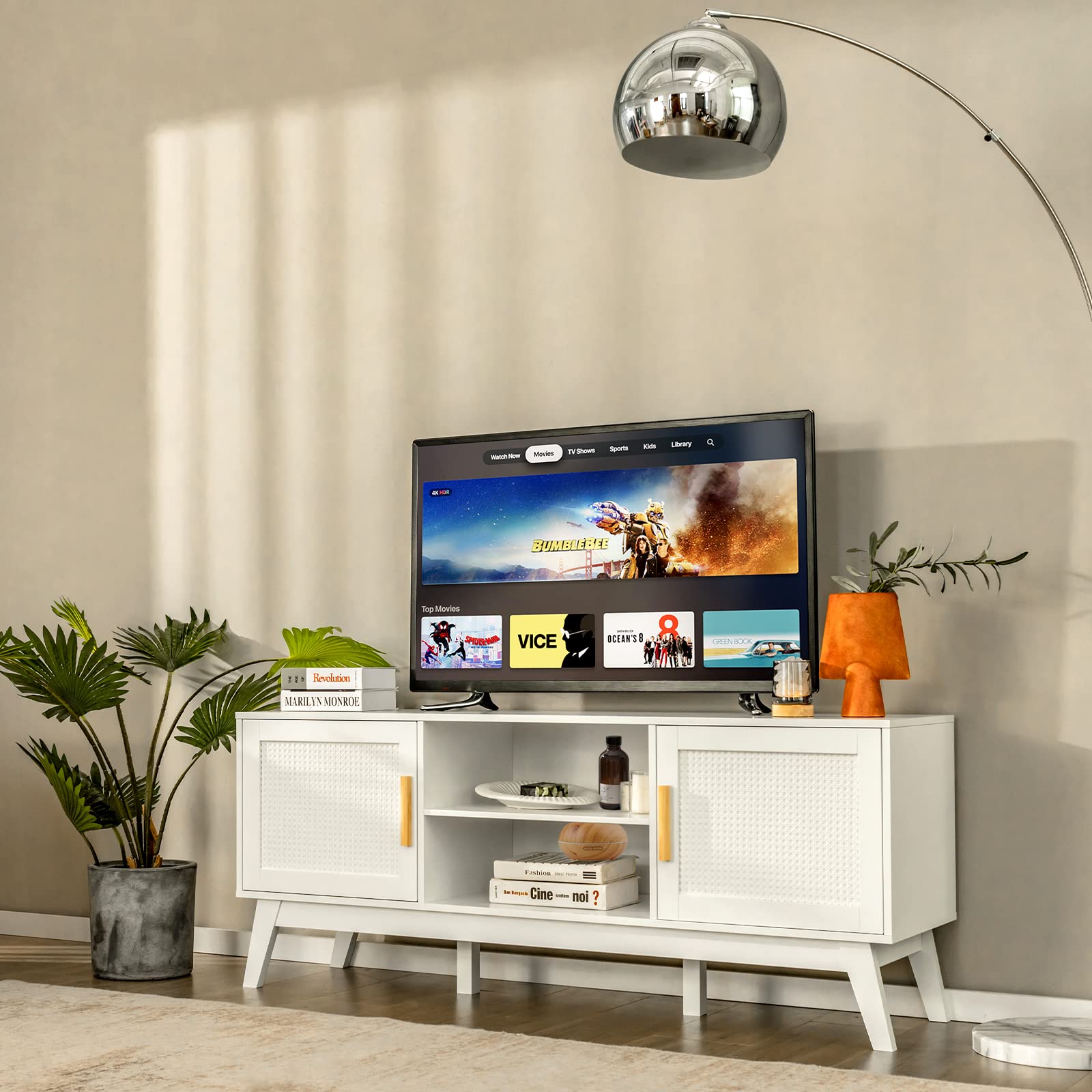 Tangkula 65 Inch Rattan TV Stand with Adjustable Shelf, 2-Door Cabinets & 6 Support Legs - Modern Wooden Media Console with Cable Holes for Living Room, Bedroom or Home Theater (White)