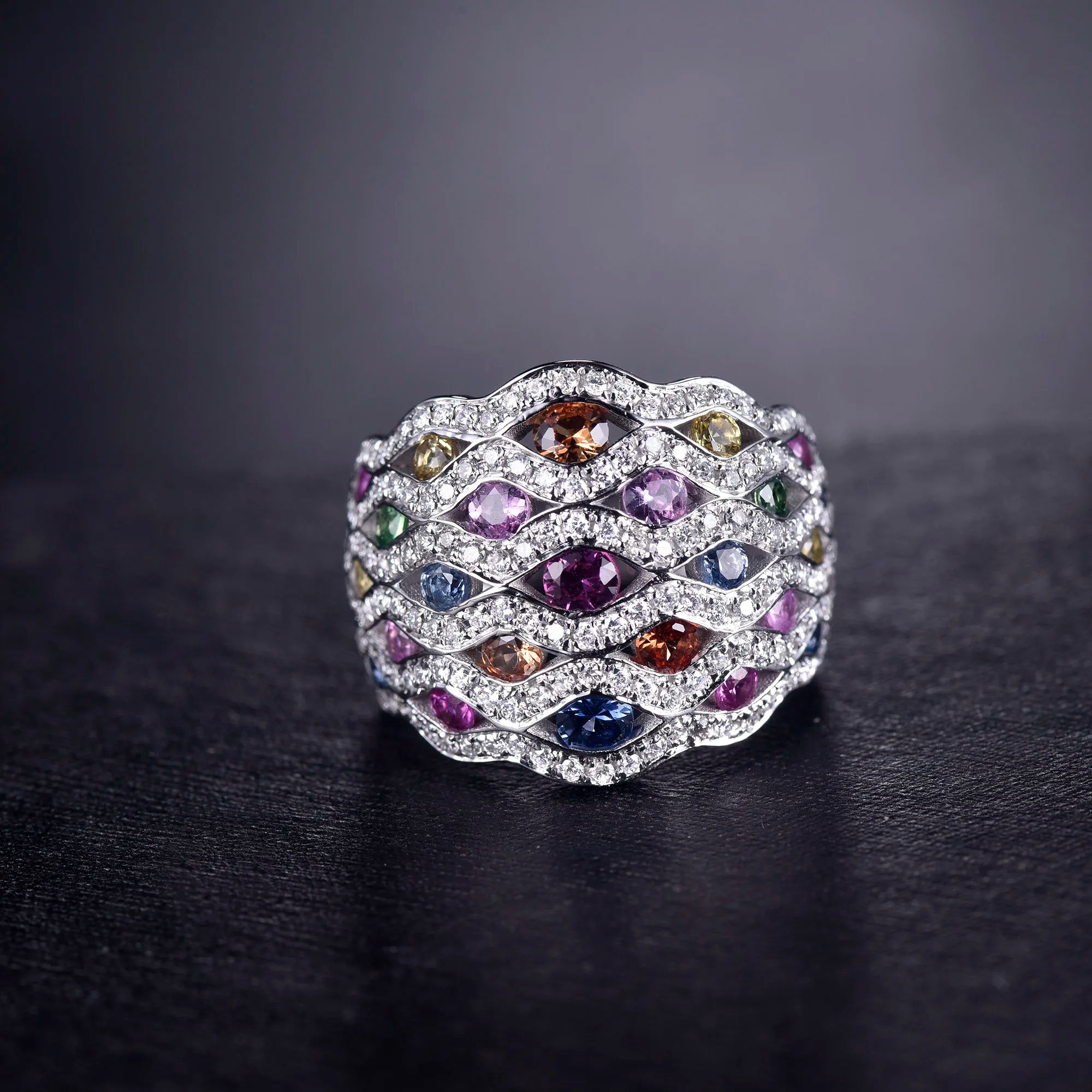 14K White Gold 7.33g Multicolor Sapphire & Diamond Engagement Ring for Women - Perfect for Proposals, Weddings & Anniversary Gifts