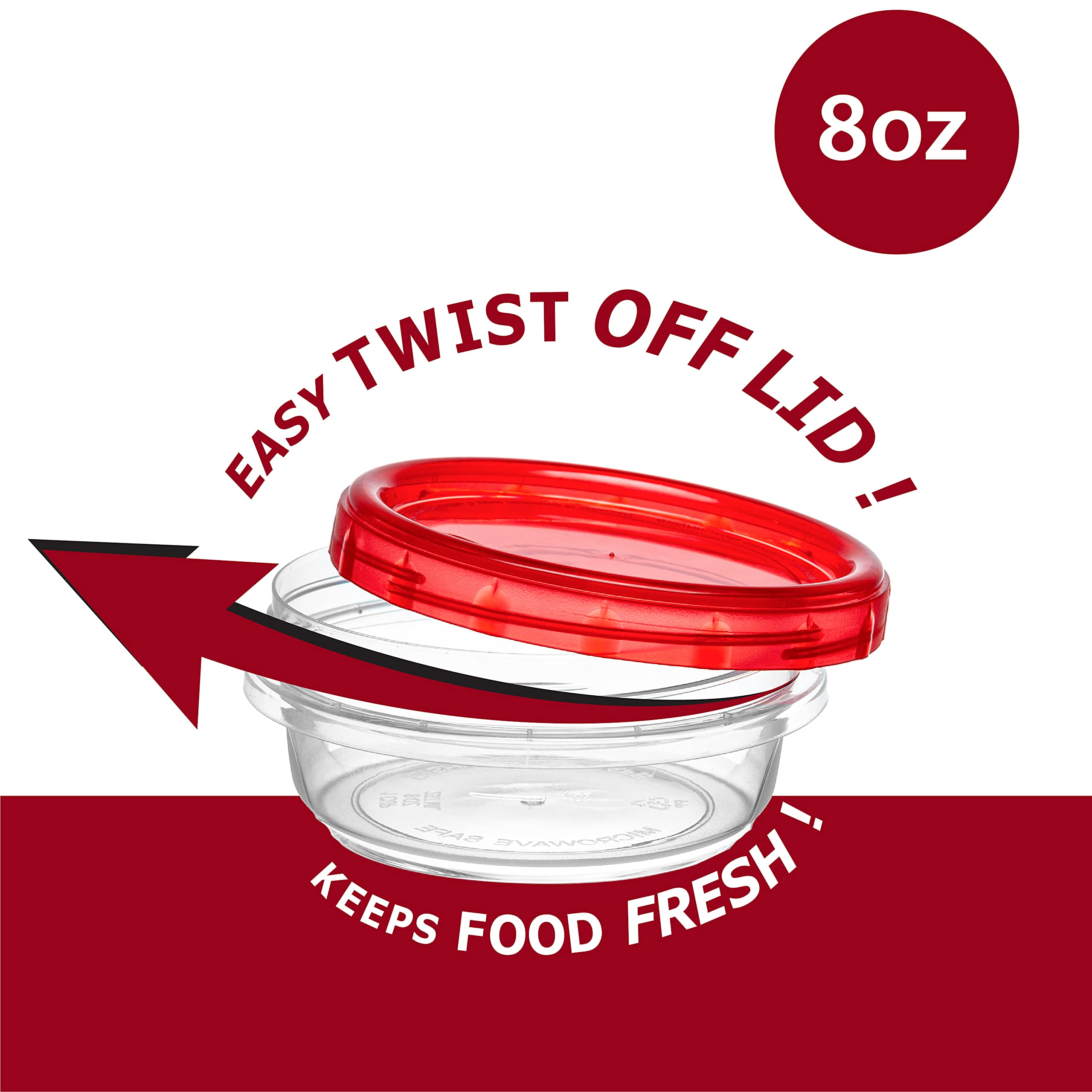 8 Ounce (20 Pack) Clear Bottom Red Top Twist Cap Food Storage Containers with Screw-On Lids | Airtight Freezer-Safe Containers for Meal Prep, Leftovers & Snacks