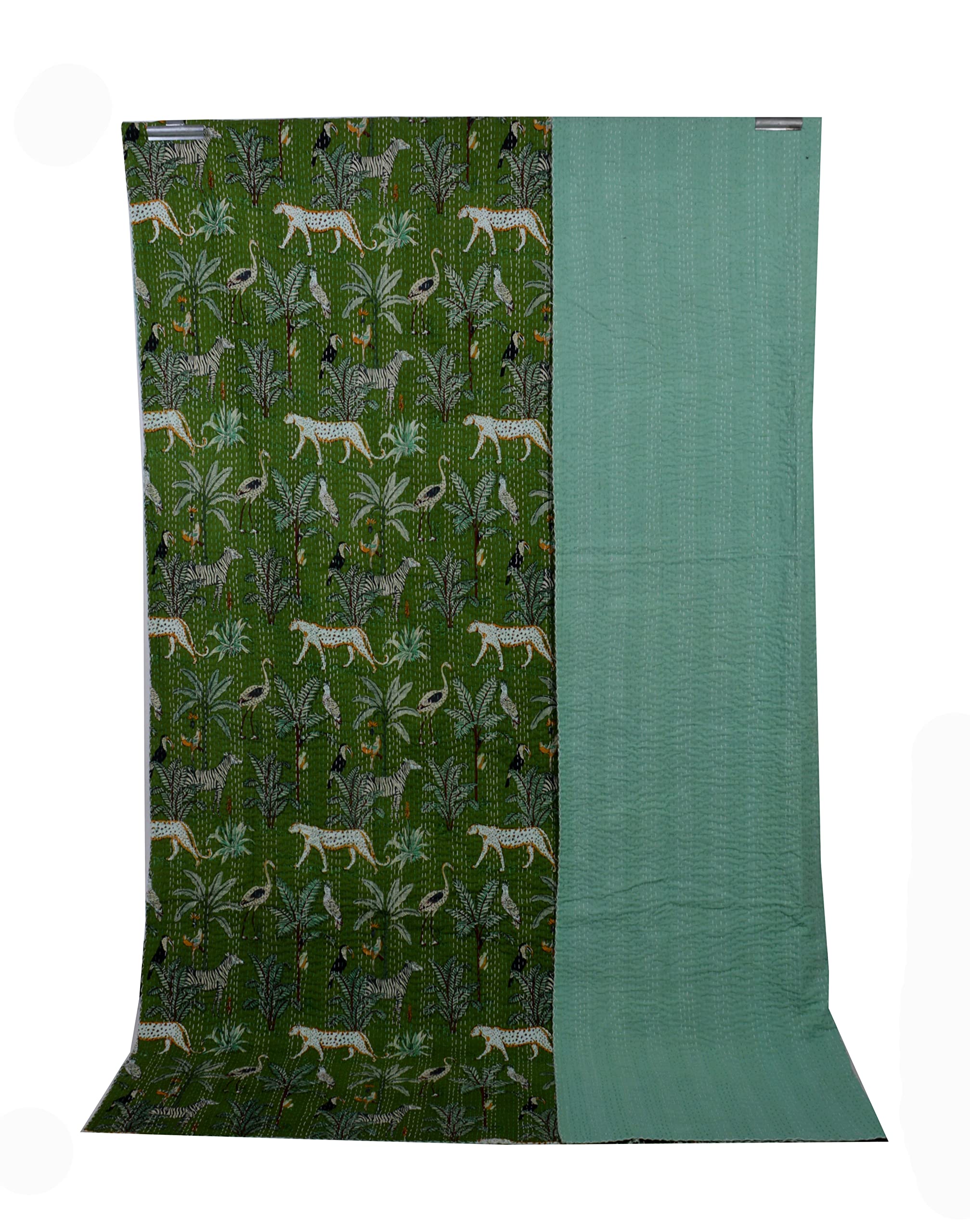 YUVANCRAFTS Handmade Indian Kantha Quilt - King Size 108x108 Inch Green Cotton Bedspread with Traditional Block Animal Print | Perfect for Boho Home Decor, Cozy Throw Blanket & Bedroom Accent