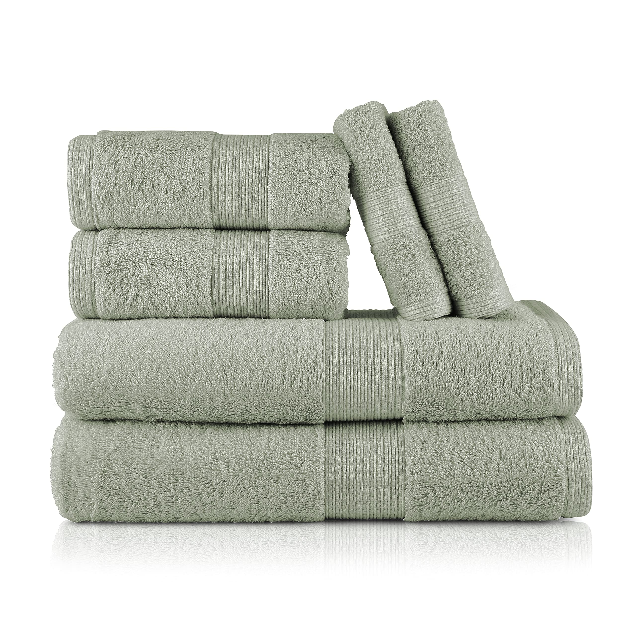 Premium 6-Piece Bath Towel Set - 100% Cotton Super Absorbent Luxury Bathroom Towels (2 Bath Towels, 2 Hand Towels, 2 Washcloths) - Ultra Soft & Quick-Drying - Jade Green - Perfect for Spa, Hotel & Home Bathroom Use