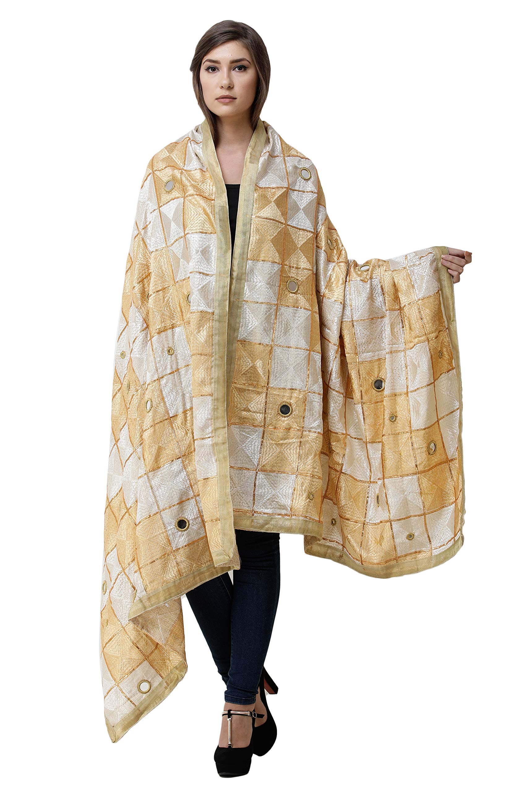 Exotic Indian Phulkari Dupatta from Punjab - Hand Embroidered Art Silk Scarf with Mirror Work for Women | Perfect for Weddings, Festivals & Ethnic Outfits