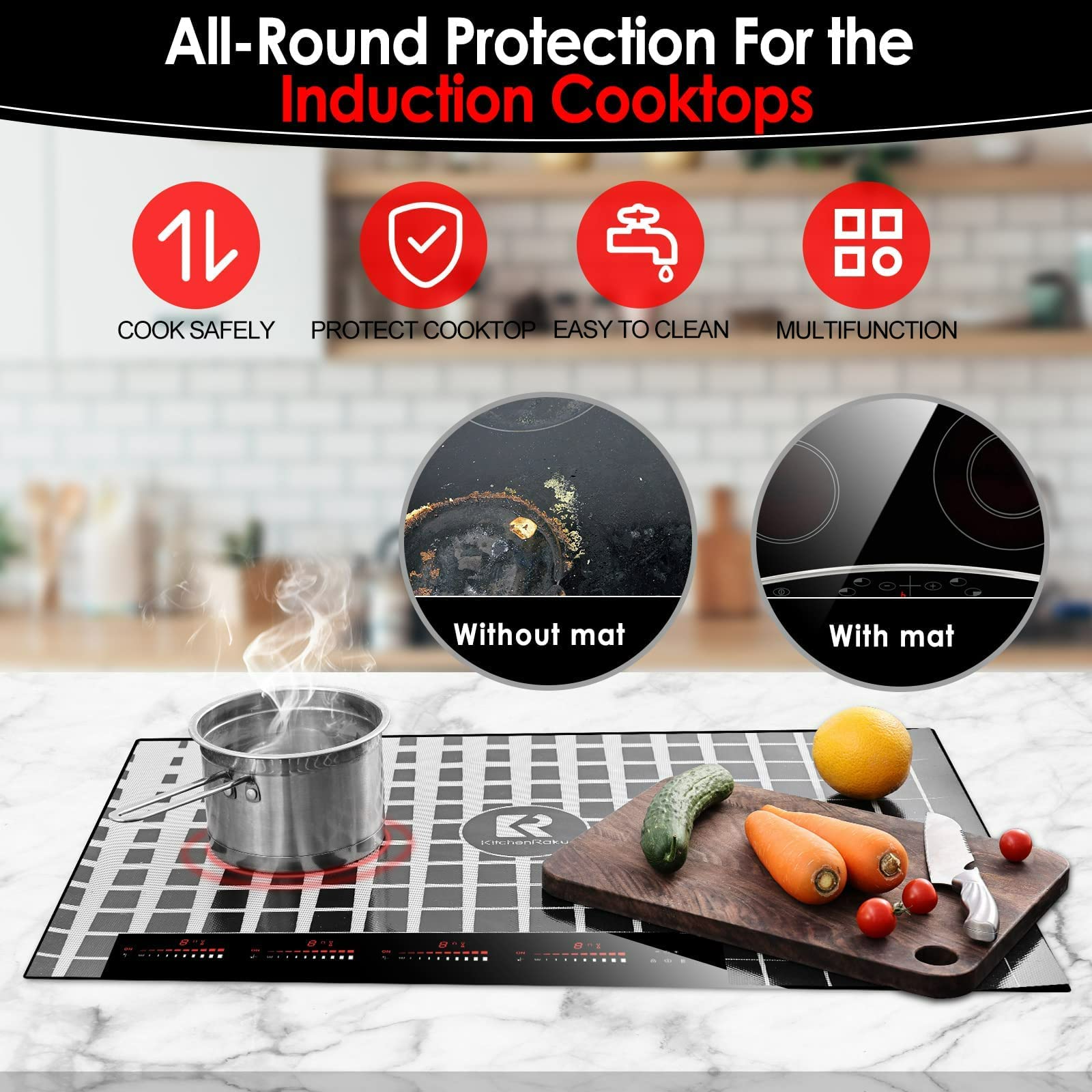 Magnetic Silicone Induction Hob Protector Mat 61x53cm - Large Checkered Non-Slip Cooktop Cover for Electric & Induction Stoves - Scratch Resistant Kitchen Mat by KitchenRaku - Perfect for Cooking, Baking & Food Prep