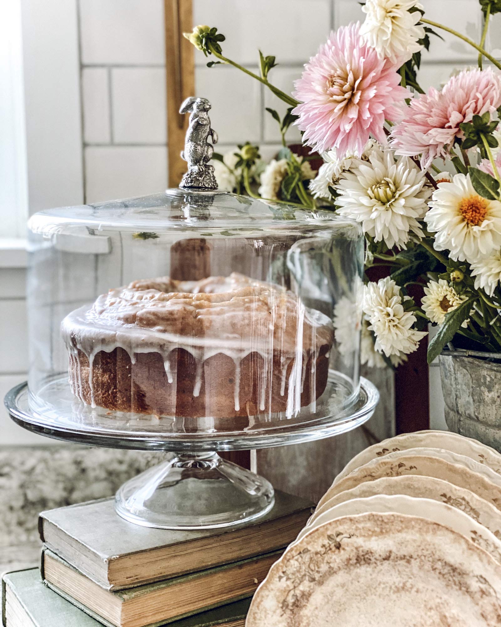 Handblown Glass Cake Stand with Dome Cover & Pewter Bunny Knob - 13 Inch Diameter, 4 Inch Tall - Elegant Dessert Display for Weddings, Tea Parties & Special Occasions