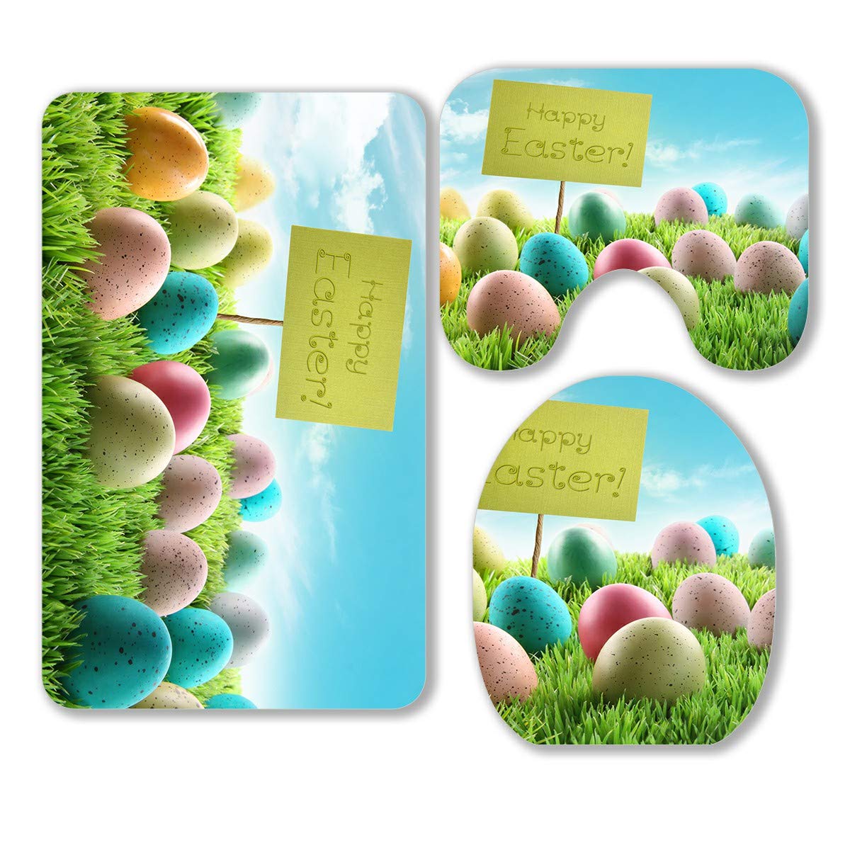 3-Piece Easter Bathroom Rug Set - Colorful Easter Eggs in Grass Field with Blue Sky Design, Non-Slip Bath Mat, Contour Mat & Toilet Lid Cover - Perfect for Spring Decor, Guest Bathrooms & Holiday Home Accents