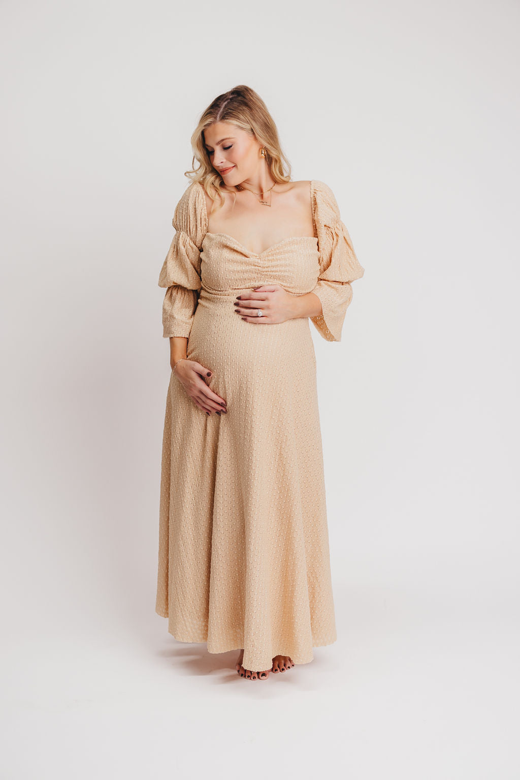 Corrine Tiered Sleeve Maxi Dress with Pockets - Bump Friendly Maternity Dress in Beige | Perfect for Pregnancy, Nursing, and Special Occasions