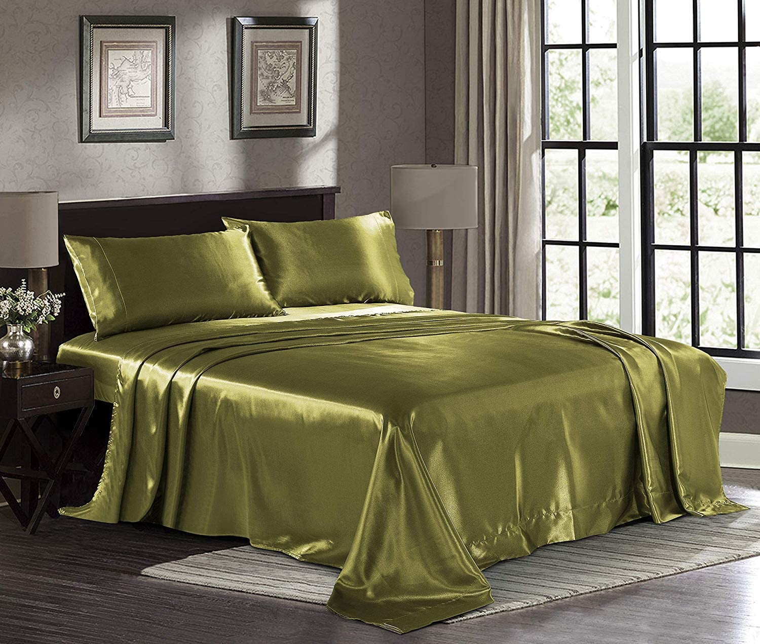 Luxurious Silk Satin King/Cal King Comforter - 300 GSM Down Alternative Bedding | Box Stitched Design | Ultra Soft & Fluffy | Hotel Quality Quilt | Machine Washable (Olive) - Perfect for Master Bedrooms, Guest Rooms & Cozy Winter Nights