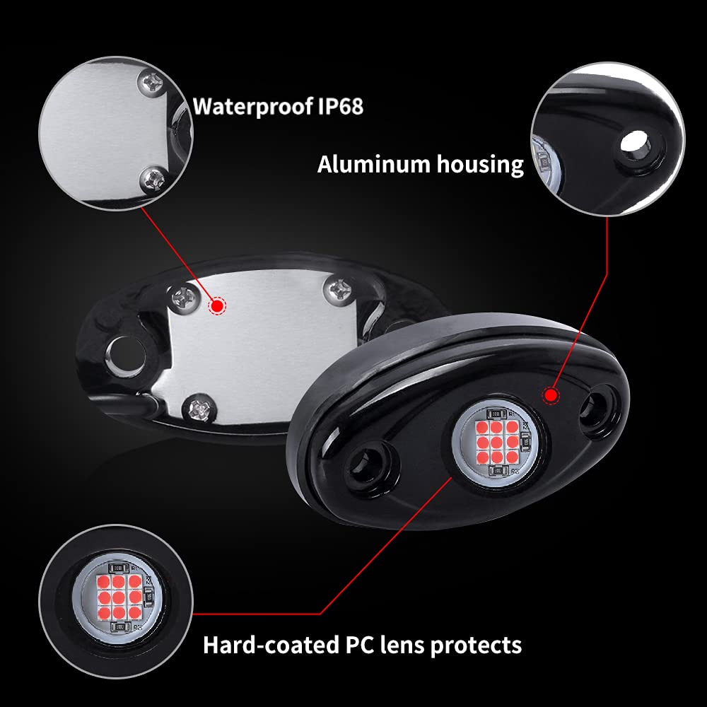 6 Pods LED Rock Lights Red - Waterproof Underglow LED Neon Kit for Car, Truck, ATV, SUV & Boat - Underbody Glow Accent Lighting for Off-Roading, Night Driving & Vehicle Customization