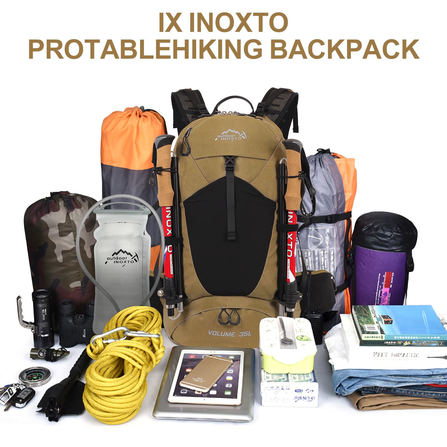 35L Waterproof Hiking Backpack with 3L Hydration Bladder & Rain Cover - Lightweight Daypack for Camping, Trekking & Outdoor Adventures - Perfect for Men & Women Travelers (Khaki)