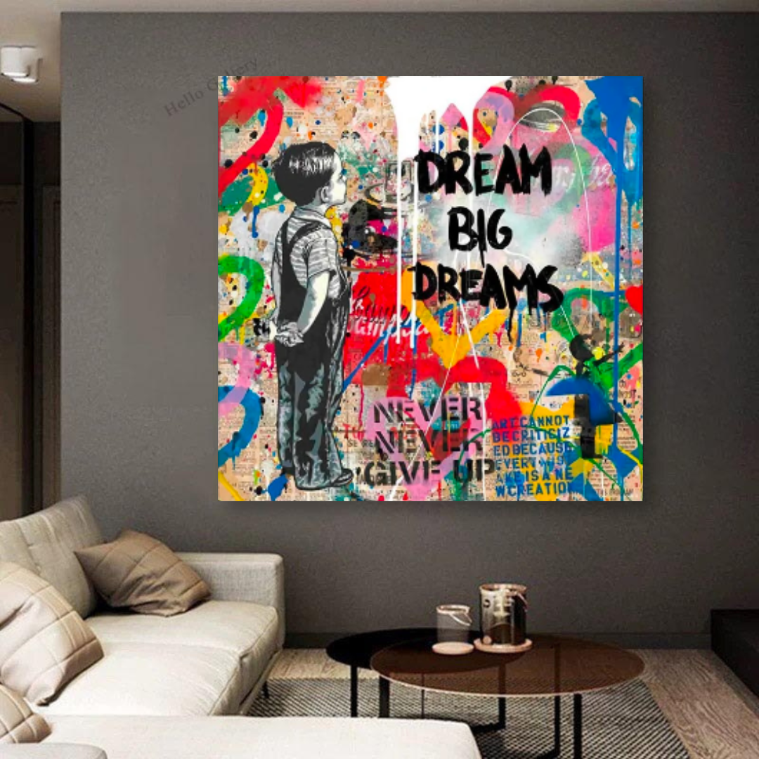 Banksy Dream Big Dreams Wall Art - Unique Canvas Print for Home & Office Decor | Inspirational Urban Street Art for Living Room, Bedroom & Workspace