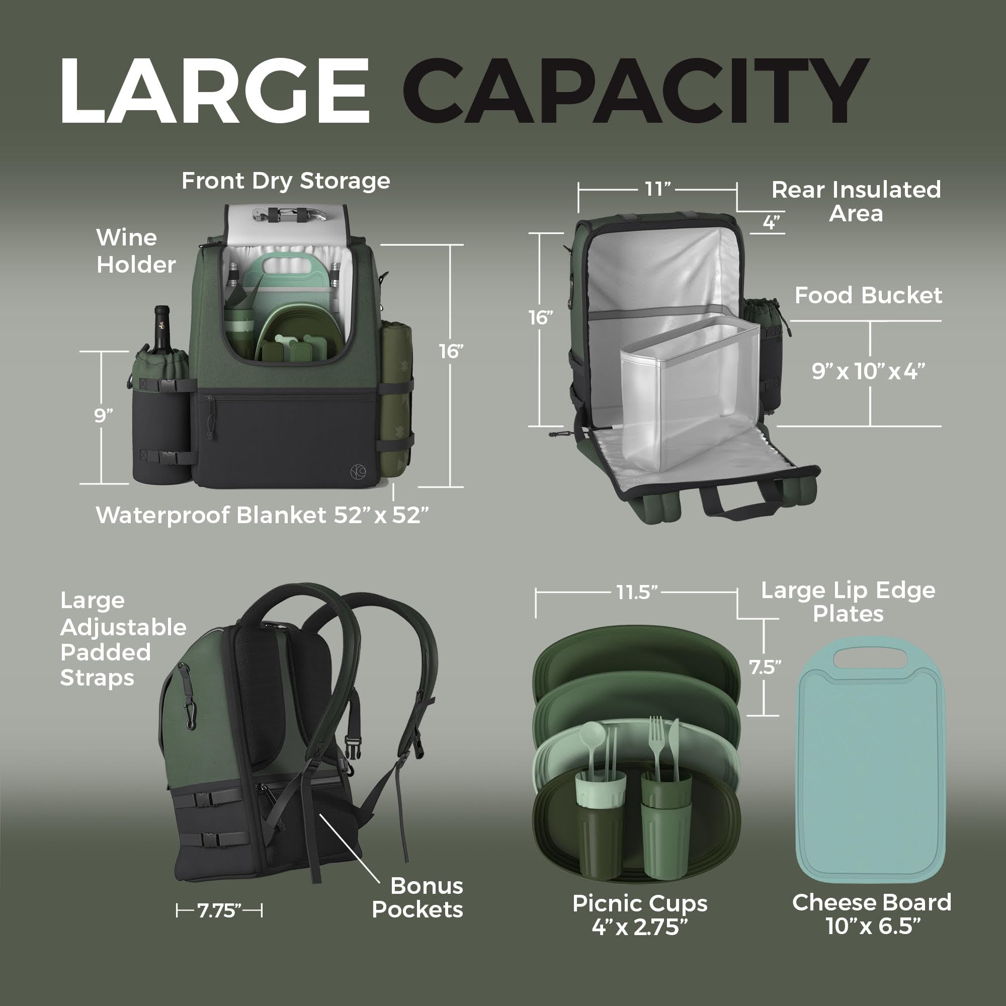 Premium Insulated Picnic Backpack for 2 or 4 People - Portable Picnic Basket Set with Blanket & Wine Pouch - Perfect for Couples Gifts, Outdoor Camping, Beach Picnics, Romantic Dates and Family Outings (Fern and Moss)
