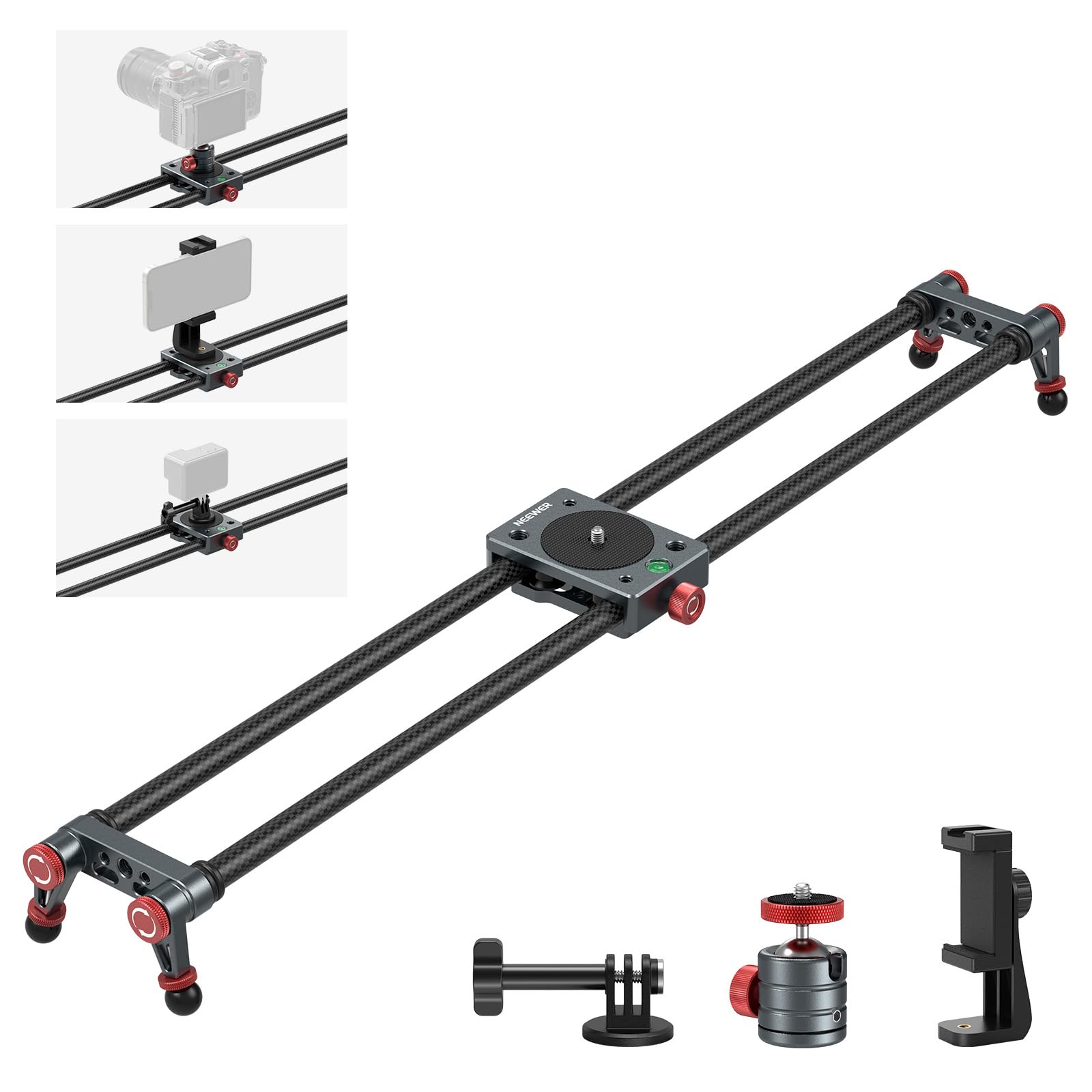 NEEWER 24in/60cm Carbon Fiber Camera Slider with 360° Ball Head, Phone Clamp & Action Camera Mount - Professional Dolly Rail Track with 4 Bearings & Adjustable Legs for GoPro, Insta360, iPhone & Android (CS2M) - Perfect for Vlogging, Filmmaking & Smooth Video Shots