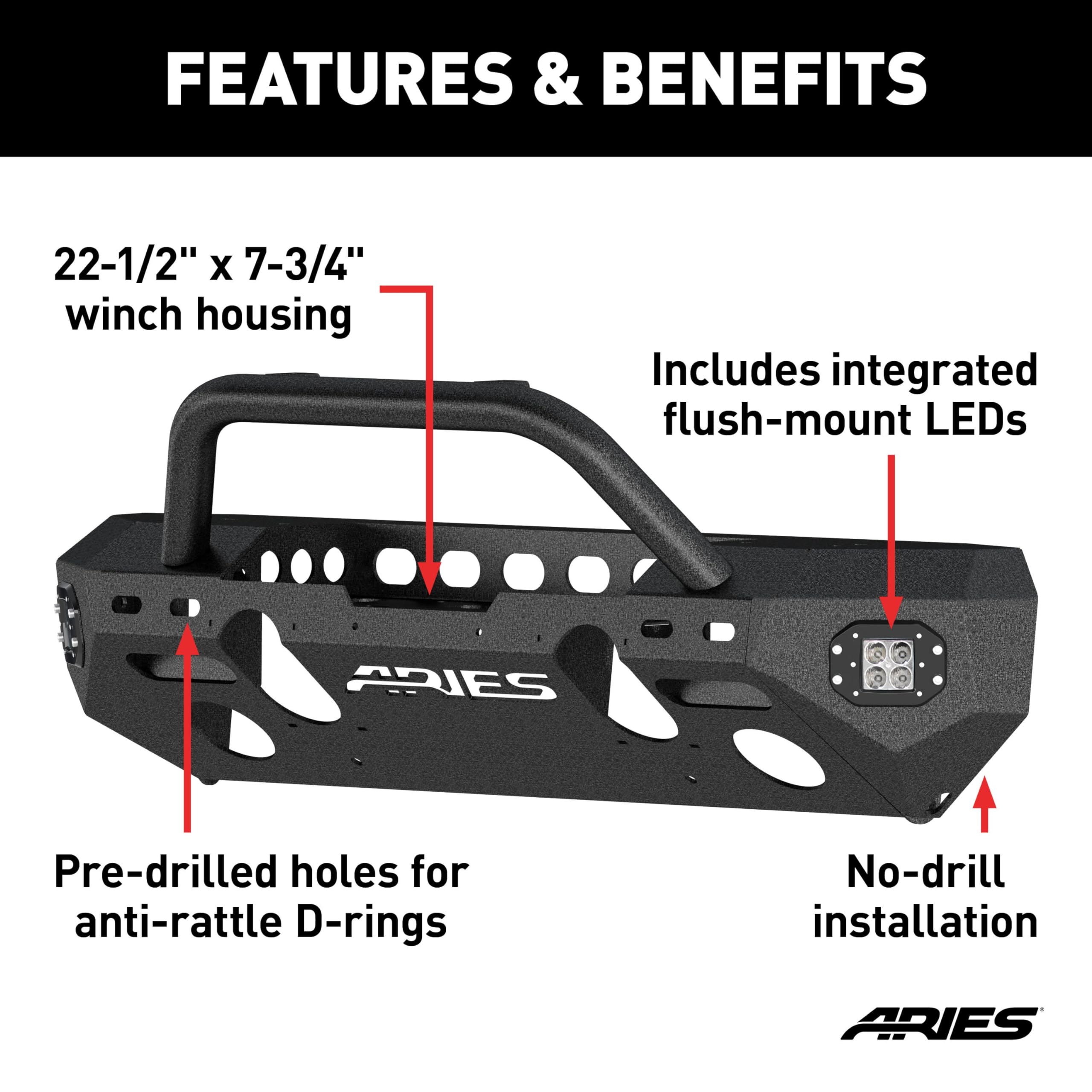 Aries Black Steel Front Bumper with LED Lights for Jeep Wrangler JL & Gladiator - Off-Road Adventure
