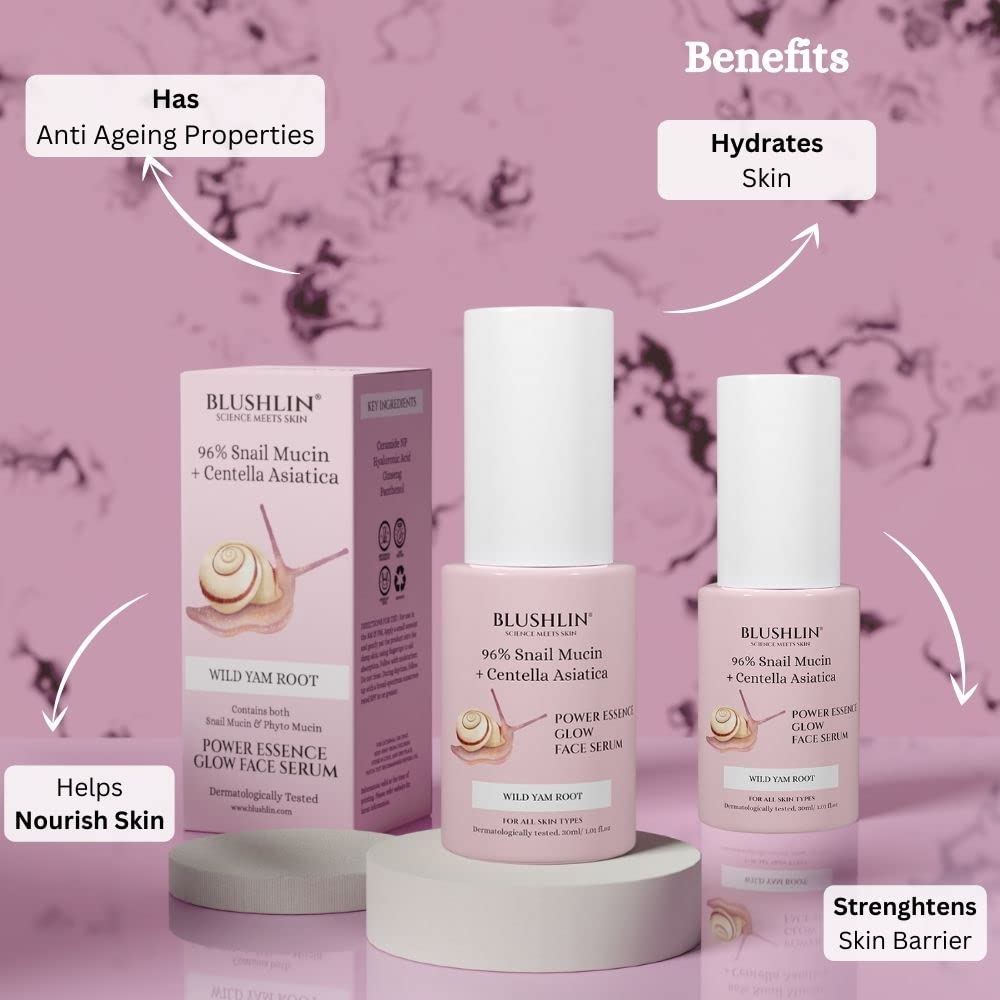 BLUSHLIN 96% Snail Mucin Power Essence - Anti-Aging, Hydrating & Brightening Facial Serum with Hyaluronic Acid & Ginseng for Dry & Oily Skin - Men & Women (30ml) | Perfect for Daily Skincare Routine, Night Care & Glowing Complexion