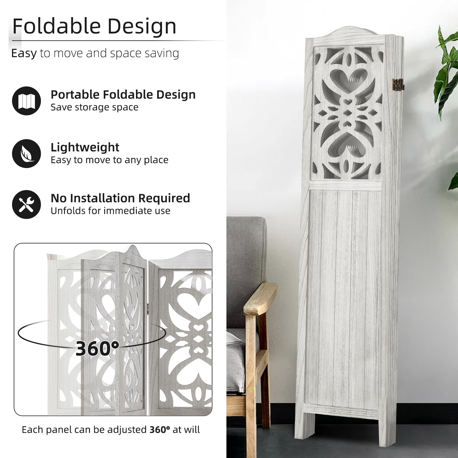 6 Panel Folding Room Divider Screen - 5.6Ft Tall Portable Privacy Partition for Bedroom, Home Office & Living Space | Light Gray Carved Design for Room Separation & Decoration