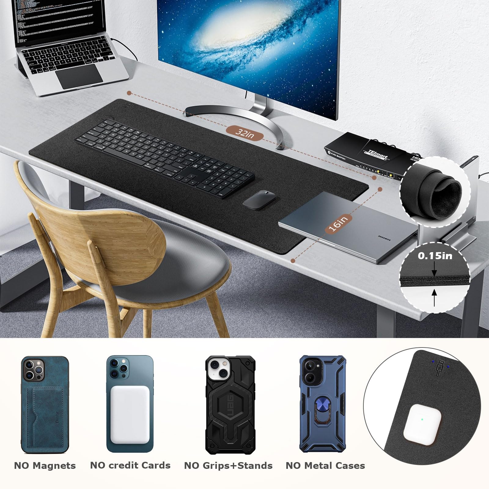 Firelison 2-in-1 Wireless Charging Mouse Pad - Leather Desk Mat with Non-Slip Rubber Base, 32x16 Inch Large Office Desk Pad for Computer, Work, Home & Decor | Waterproof & Stylish Workspace Accessory | Perfect for Gaming, Office Setup & Home Office Organization