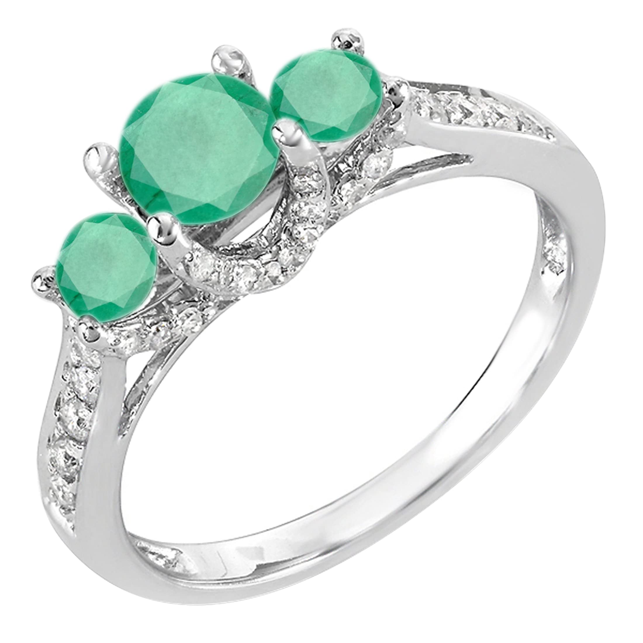 Dazzlingrock Collection 14K Solid White Gold Round White Diamond & Emerald 3-Stone Women's Bridal Engagement Ring - Perfect for Proposals, Weddings & Anniversary Gifts