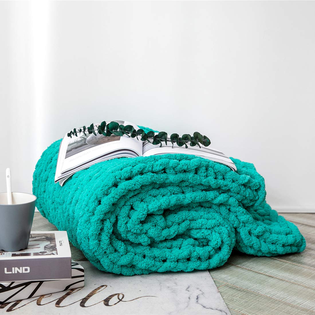 Vctops Boho Chenille Chunky Knit Throw Blanket - Super Soft & Warm Hand-Knit Blanket for Couch, Bed, Sofa & Chair - Cozy Home Decor (Teal, 51x63 Inches) - Perfect for Living Room, Bedroom & Winter Snuggling