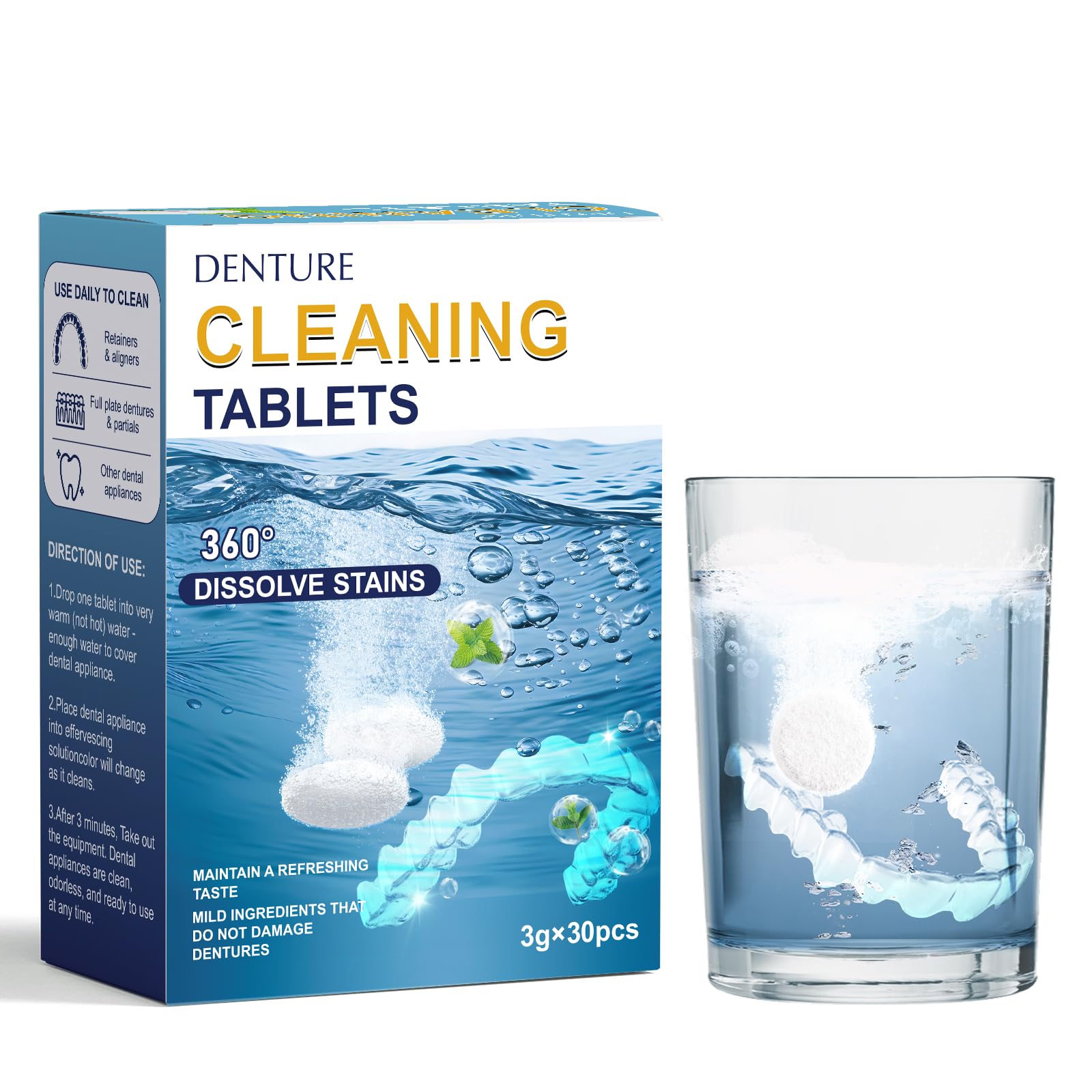 **Invisalign & Retainer Cleaner Tablets - 30 Count | Remove Stains, Odors & Plaque | Safe for Aligners, Night Guards & Dentures | Freshen & Whiten Dental Appliances | Perfect for Travel & Daily Use**