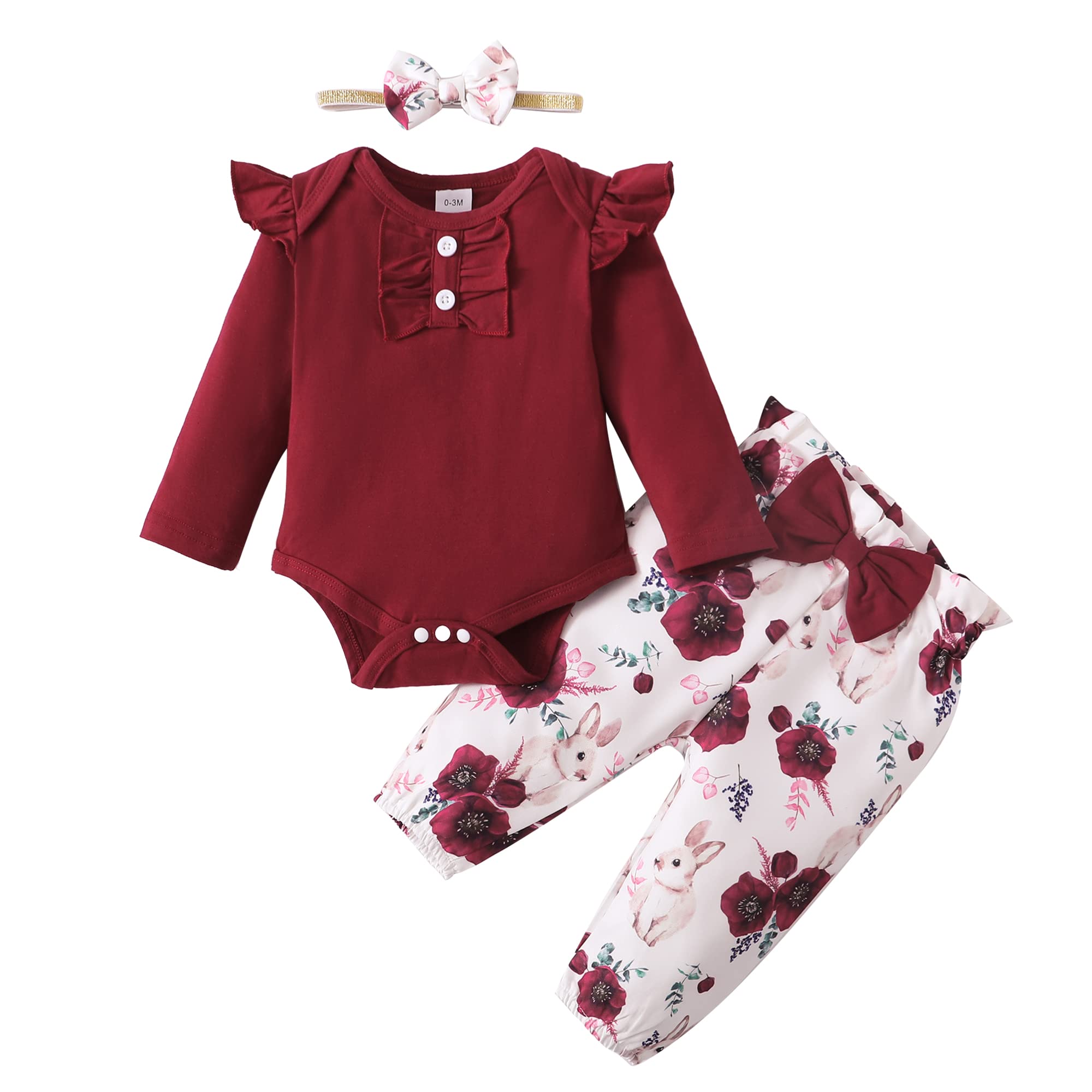Newborn Baby Girl Clothes - Long Sleeve Floral Romper & Pant Set for Fall/Winter | Soft Cotton Infant Outfits for Photo Shoots, Family Gatherings & Daily Wear