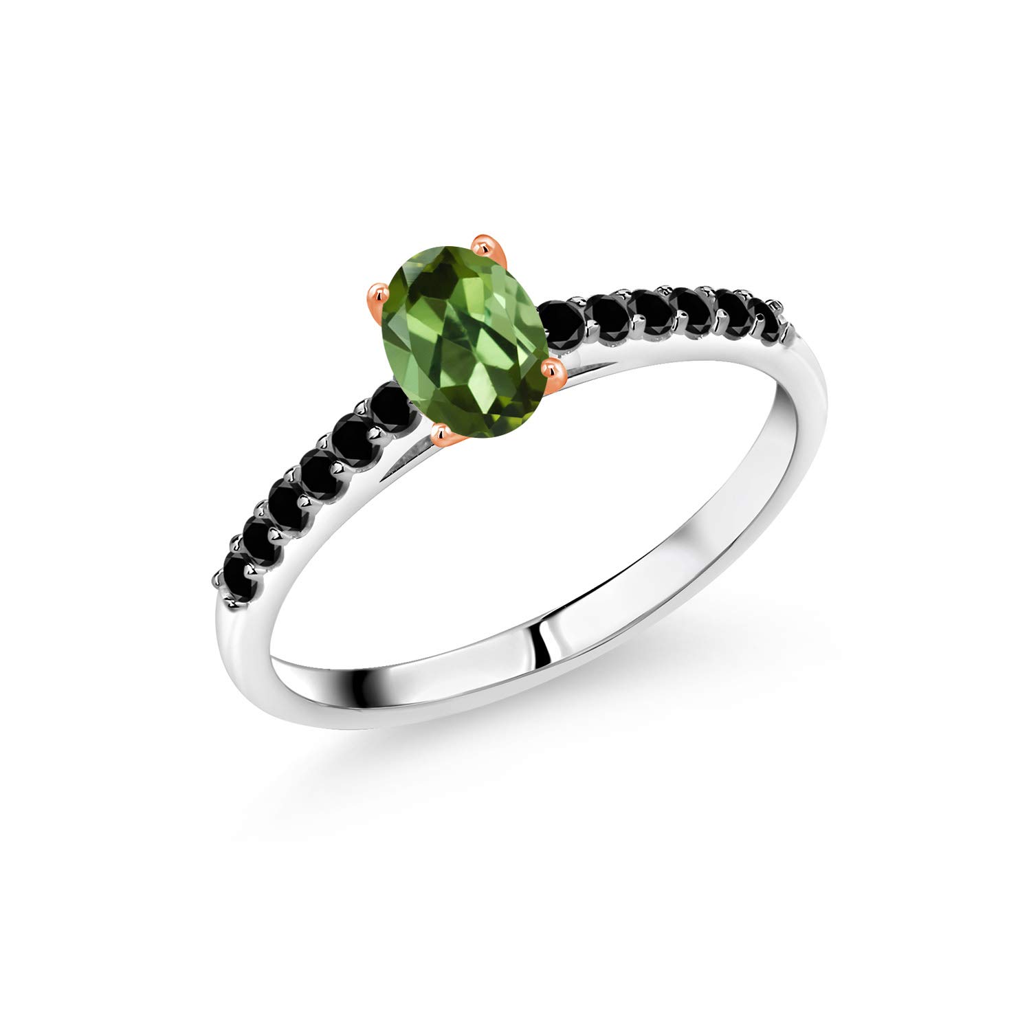 925 Sterling Silver Ring with 10K Rose Gold Prongs & 0.70 Ct Green Tourmaline Black Diamond - Elegant Gemstone Jewelry for Women, Perfect for Engagement, Wedding, Anniversary Gifts & Special Occasions