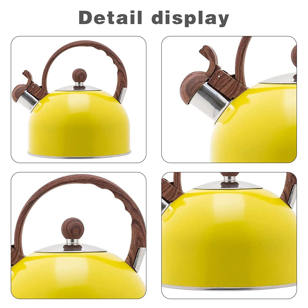 Premium 2.5L Stainless Steel Whistling Tea Kettle for Stovetop - Wood Grain Handle with Loud Whistle - Yellow - Perfect for Home, Office & Camping Tea Brewing