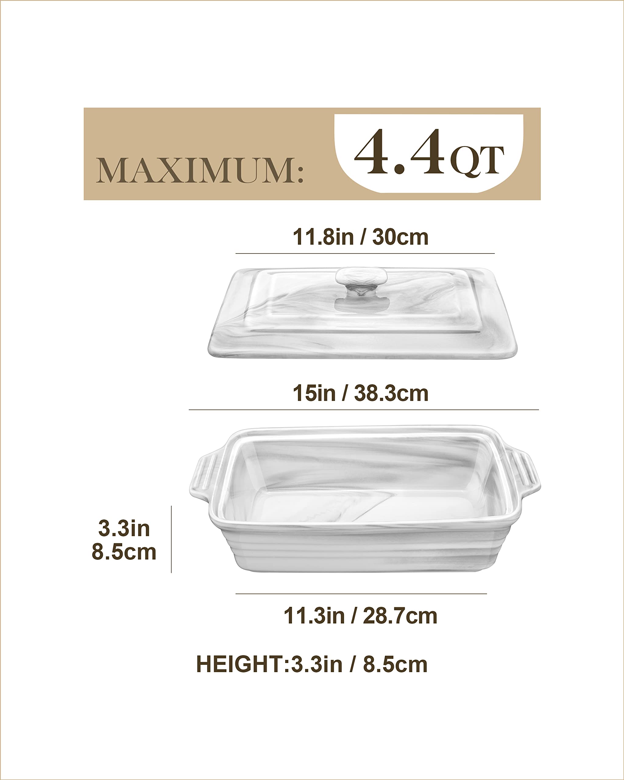 MALACASA 4.4 Quart Ceramic Casserole Dish with Lid - 13x9 Inch Large Baking Pan for Lasagna, Oven, Microwave & Dishwasher Safe - Perfect for Family Dinners, Holiday Cooking & Meal Prep (BAKE-GREY Series)