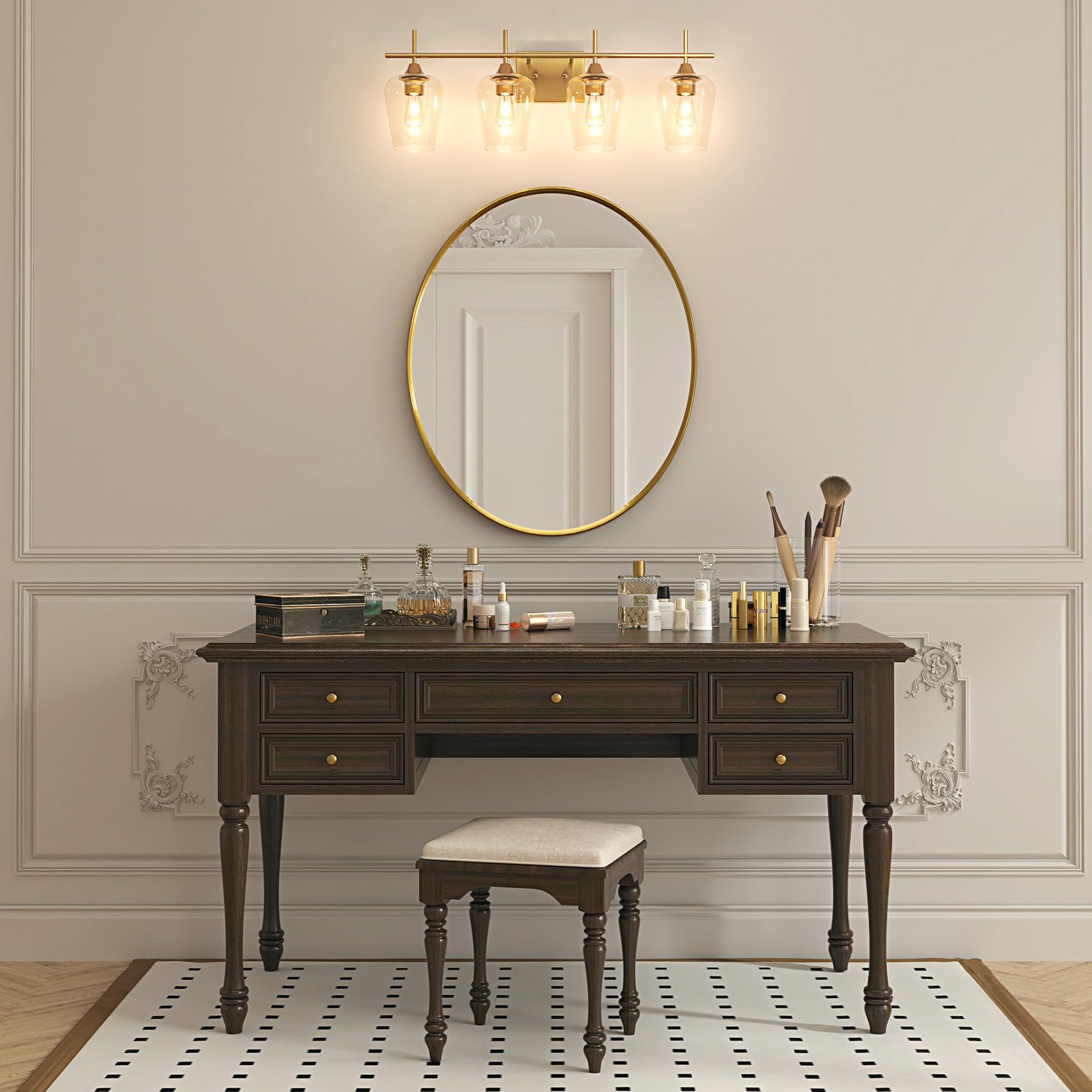 VONLUCE 4-Light Modern Bathroom Vanity Light Fixture with Clear Glass - Brushed Gold Wall Sconce for Mirror Lighting, Perfect for Bathroom, Bedroom, Hallway & Kitchen Decor
