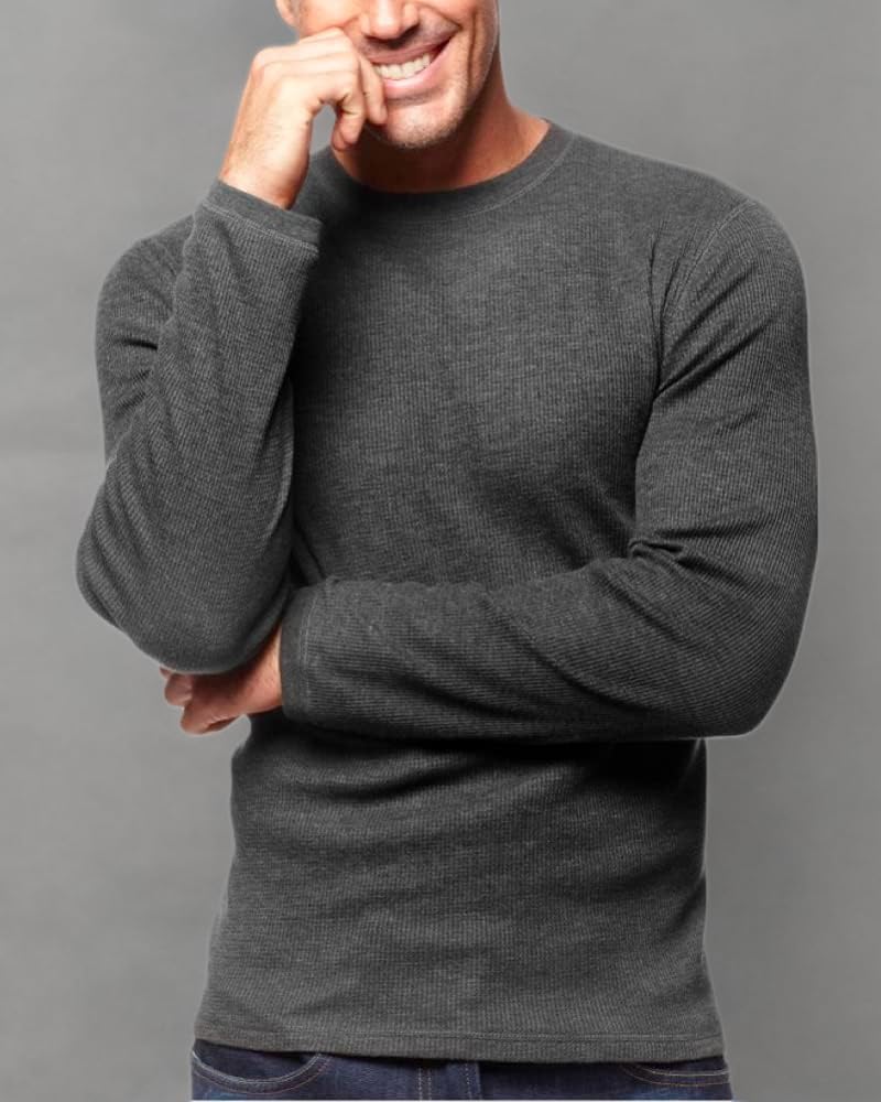 Premium Men's Waffle Thermal Long Sleeve Crewneck Shirt - Heavy & Medium Weight Winter Base Layer for Outdoor Activities, Hiking & Cold Weather Workwear