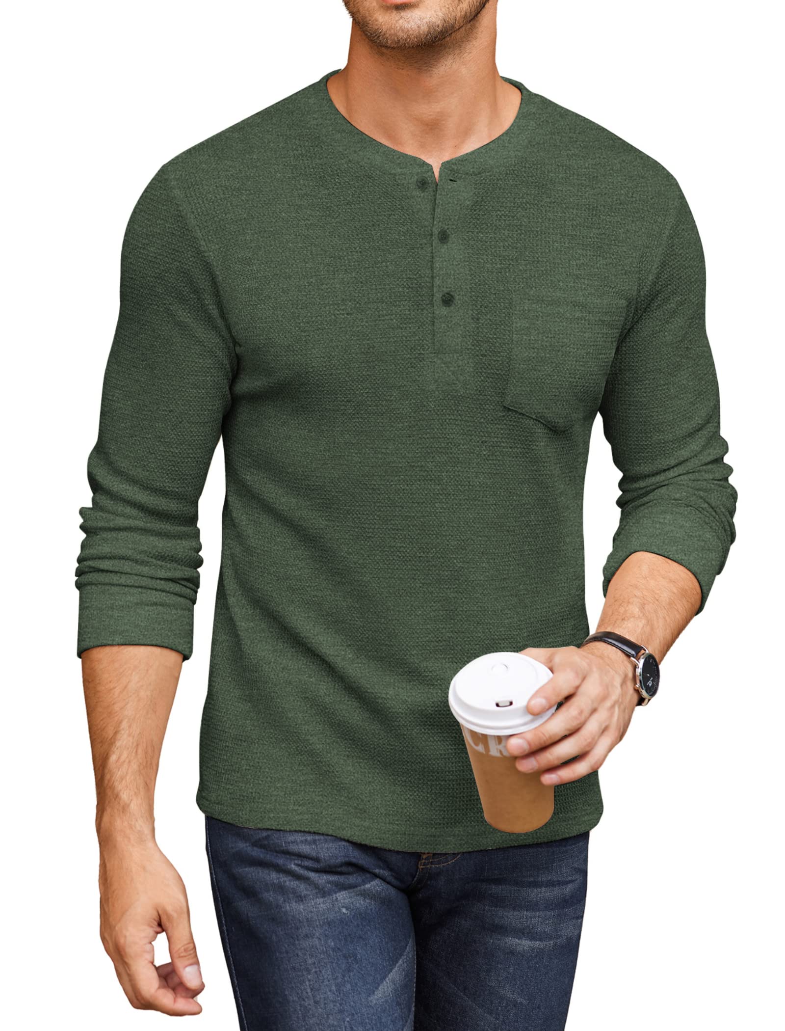 COOFANDY Men's Henley Shirt Long Sleeve Waffle Knit Pullover T-Shirt with Pocket | Casual Button Down Shirt for Men | Perfect for Work, Date Night & Outdoor Activities