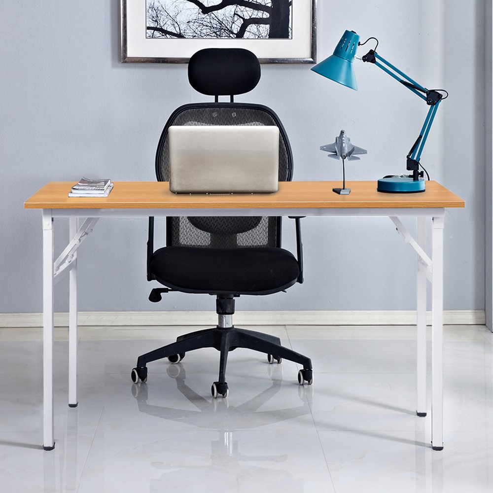 SogesPower 47-inch Folding Computer Desk - Sturdy Fully Assembled Writing Desk for Home Office, Teak & White Legs - Space-Saving Workstation for Small Rooms & Apartments