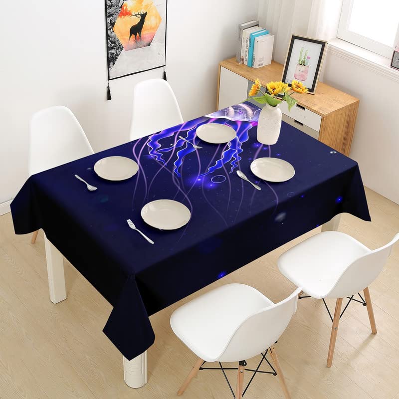 Waterproof Jellyfish Tablecloth for Square Tables - Blue Purple Marine Life Design, 55x71 Inch, Perfect for Kitchen, Dining Room, and Outdoor Picnics