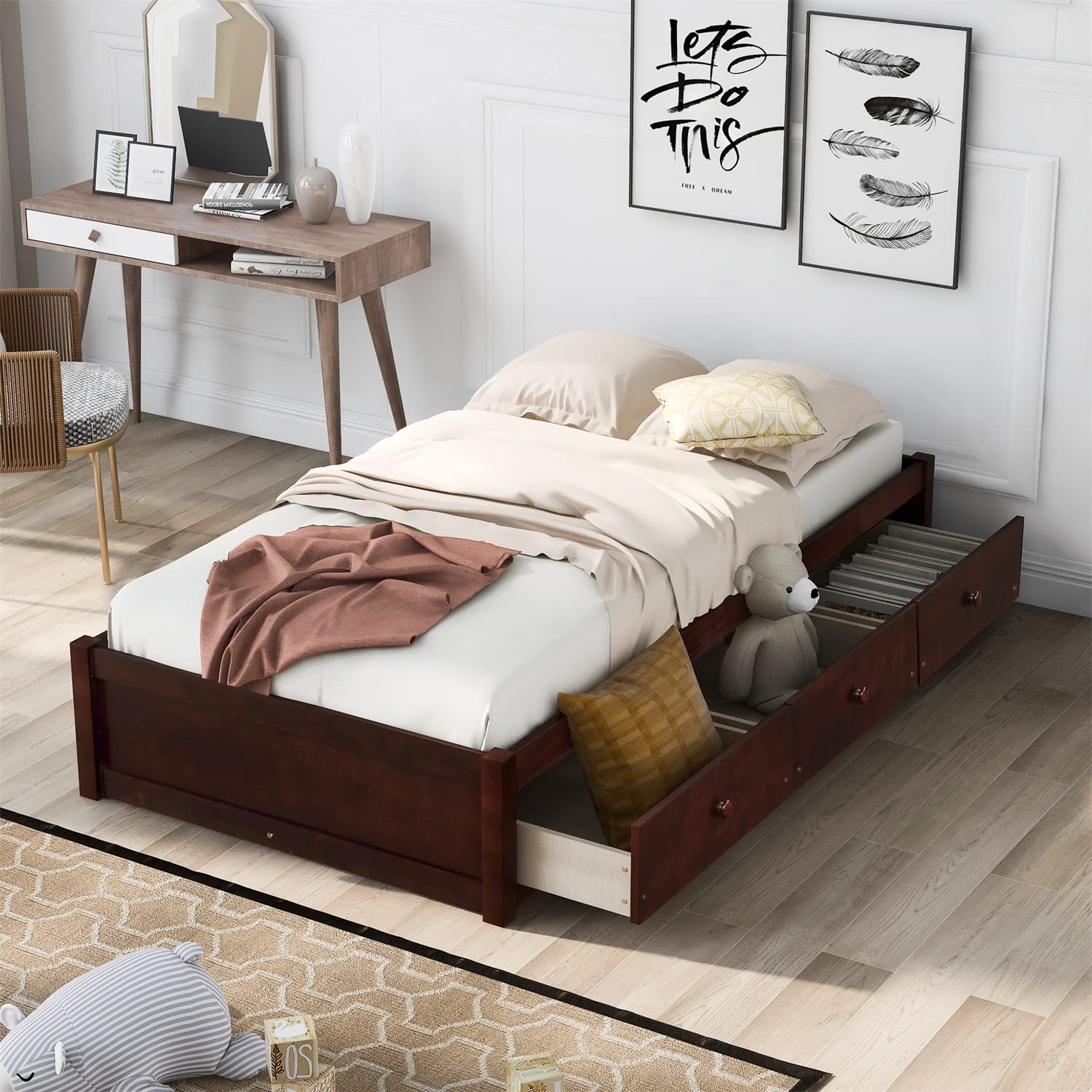 Minimalist Twin Size Wooden Daybed with 3 Storage Drawers - Multi-Functional Sofa Bed Frame for Living Room & Guest Bedroom - No Box Spring Needed - Cherry Finish - Perfect for Small Spaces, Studio Apartments and Overnight Guests