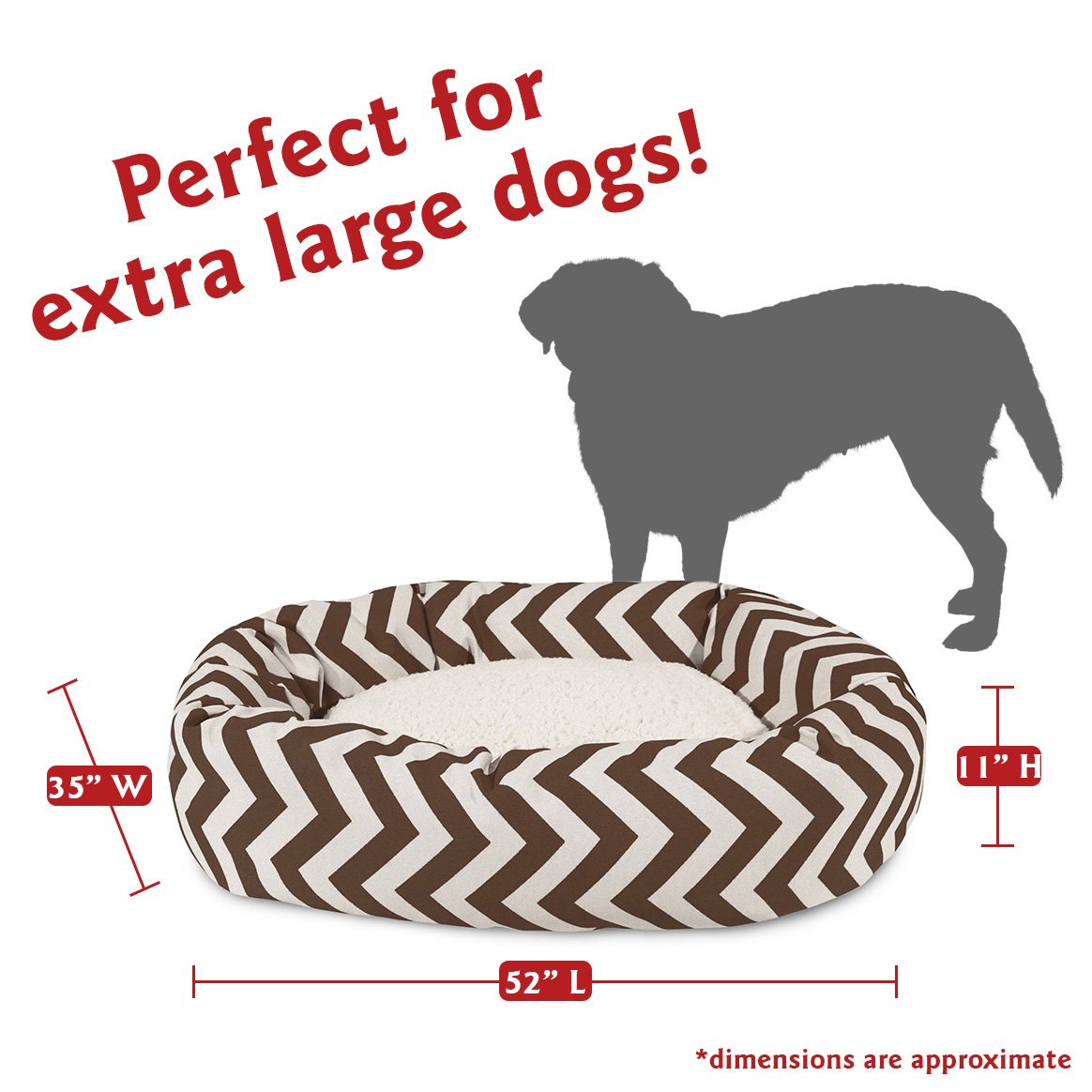 Majestic Pet 52 Inch Chevron Sherpa Calming Dog Bed - Washable Round Orthopedic Pet Bed with Head Support - Extra Large Fluffy Donut Dog Bed 52x35x11 Inches - Chocolate Brown - Perfect for Large Dogs, Arthritis Relief & Cozy Nap Time