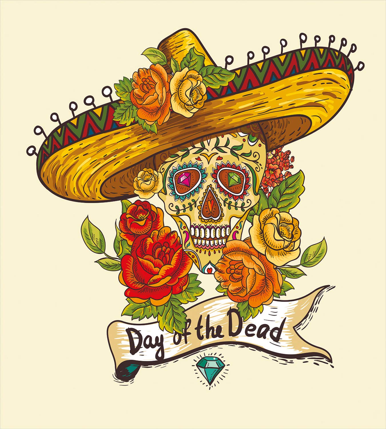 Ambesonne Sugar Skull Duvet Cover Set - Mexican Day of The Dead Decor with Sombrero & Roses - 3 Piece Bedding Set Includes 2 Pillow Shams - California King Size in Pastel Cream - Perfect for Halloween, Dia de Muertos Celebrations & Bohemian Bedroom Decor
