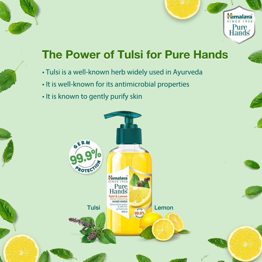 Himalaya Pure Hands Deep Cleansing Tulsi & Lemon Hand Wash Pump 250ml - Refreshing Antibacterial Soap for Kitchen, Bathroom & Office Use