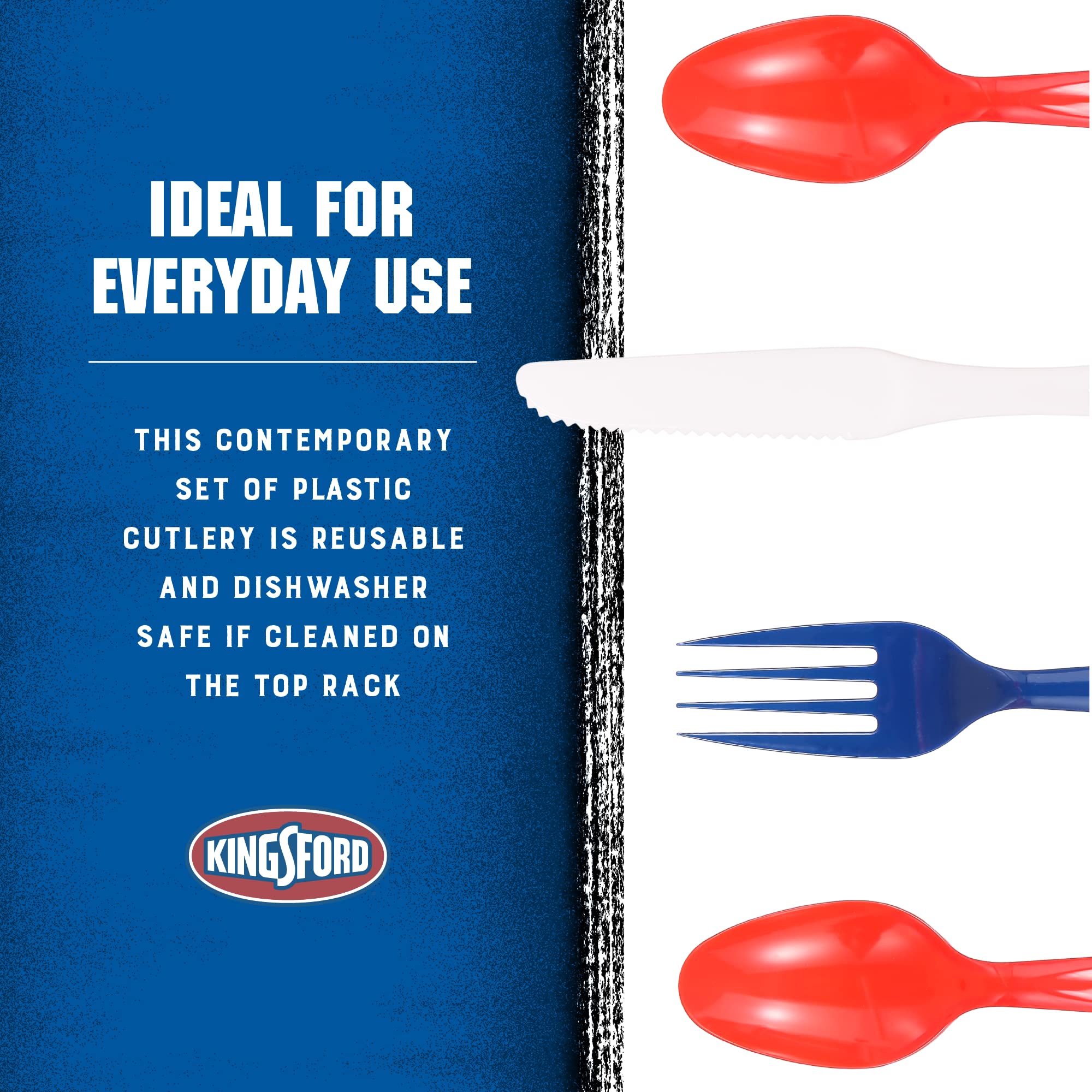 Kingsford Full Size Disposable Plastic Cutlery Set - 360 Forks, 240 Knives, 300 Spoons (12,900 Count) - Red, White & Blue for Parties, Picnics, BBQs & Events