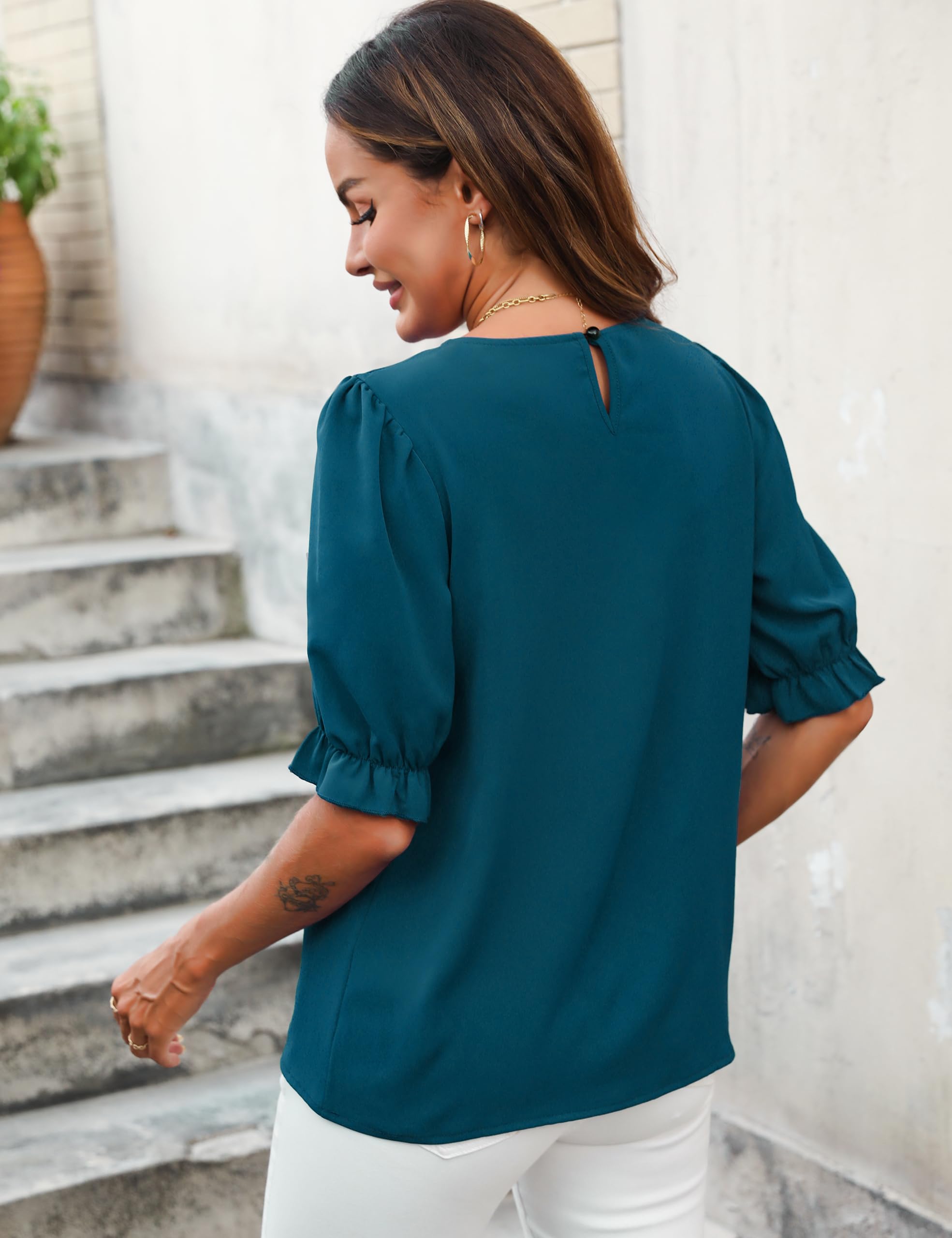 ZILIN Women's Pleated Puff Sleeve Blouse - Business Casual Crew Neck Short Sleeve Top for Office Work & Summer Outings