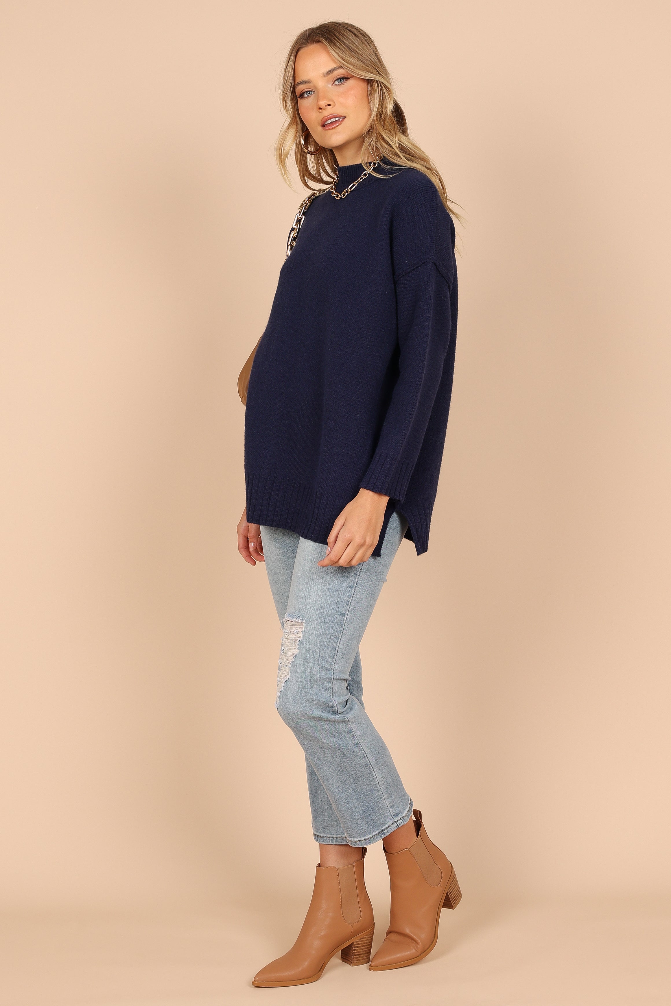 Alisa Mock Neck Knit Sweater for Women - Soft Winter Pullover, Navy Blue, Cozy Casual Wear for Office, Date Night & Holiday Outfits