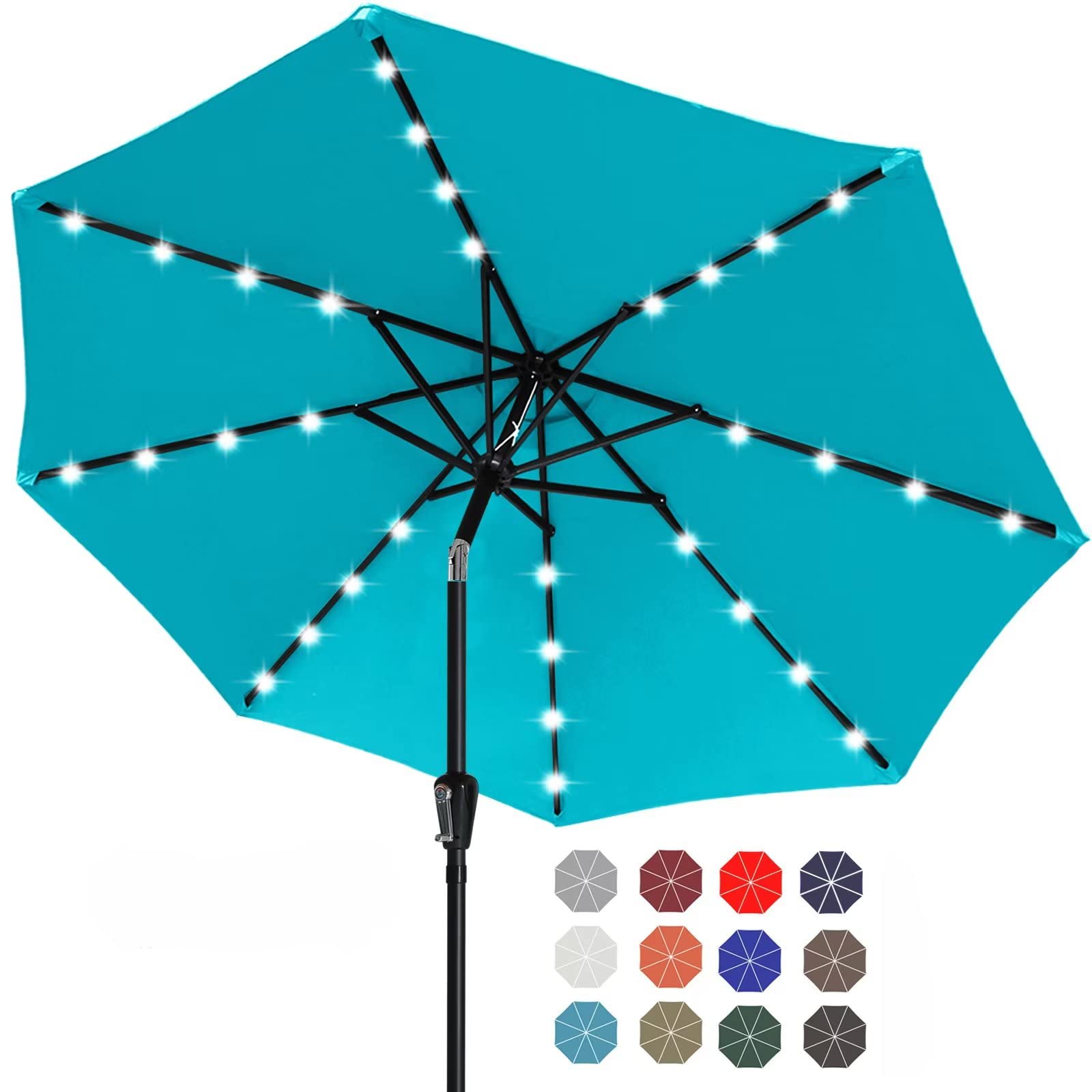 Durable 11FT Solar LED Patio Umbrella with 32 LED Lights - Turquoise Outdoor Canopy for Garden, Poolside & Backyard Relaxation