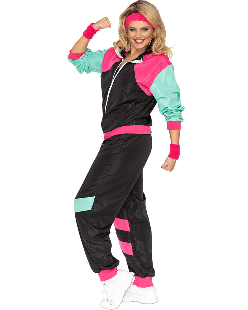 80s Black and Pink Deluxe Tracksuit Adult Costume - Retro 80s Workout Outfit for Halloween, Cosplay, and 80s Themed Parties
